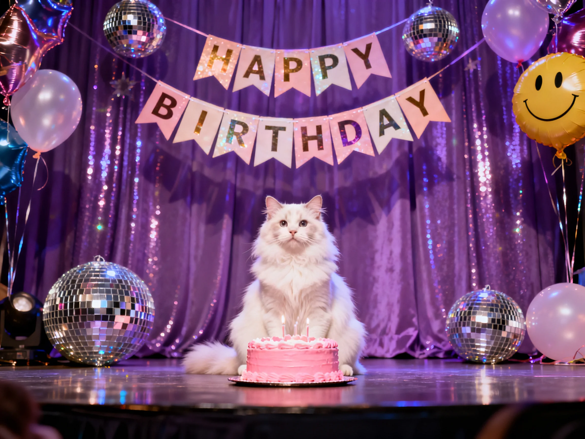 A fluffy white cat with a pink birthday cake in purple-themed decor