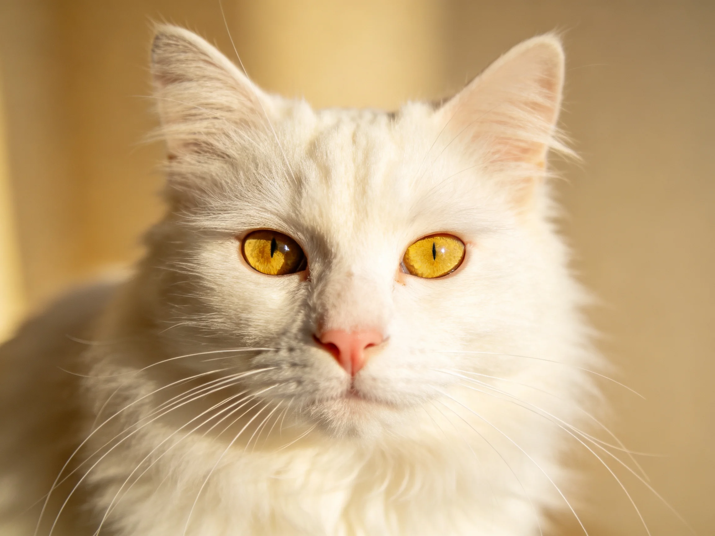 A fluffy white cat with amber eyes on a beige background