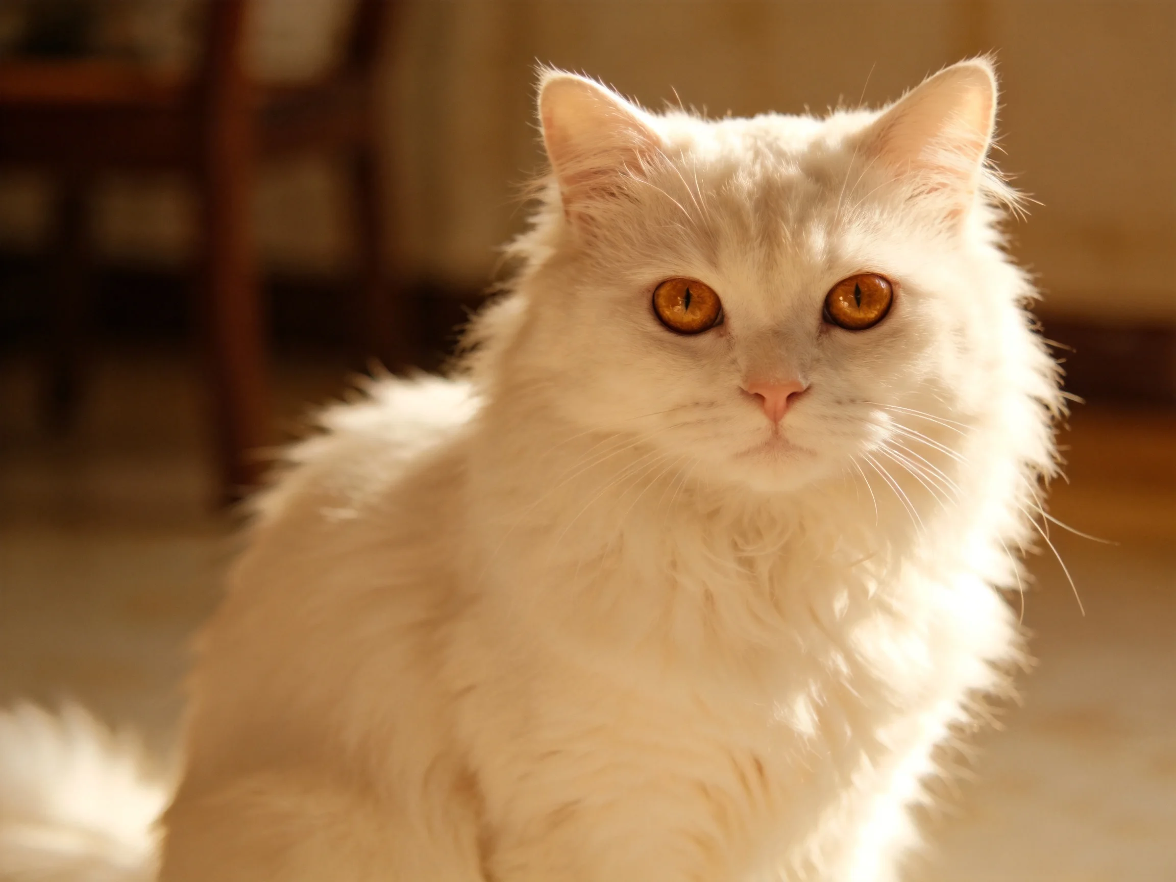 A fluffy white cat with amber eyes sits in warm indoor light