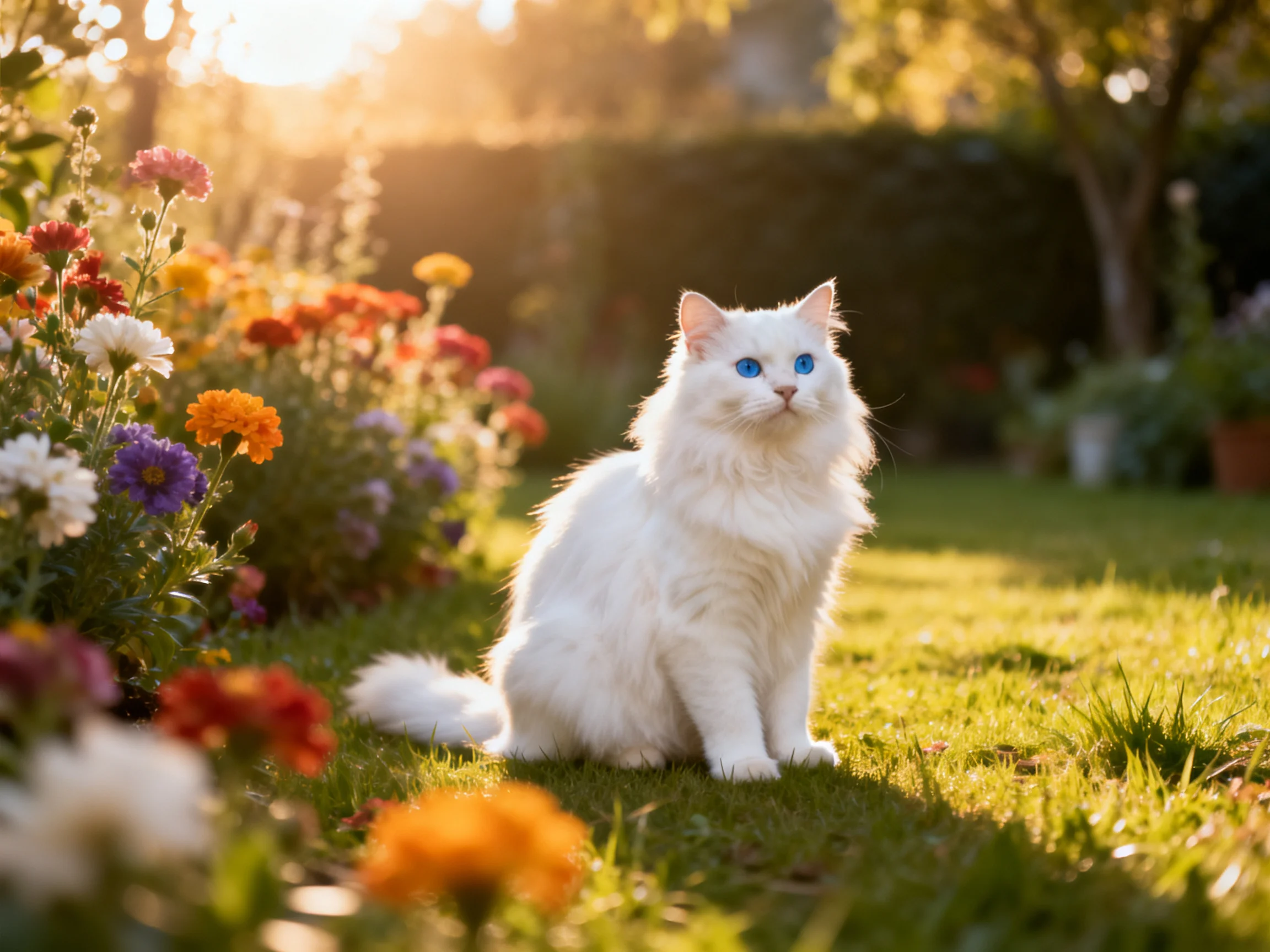 A white cat with blue eyes sits among colorful flowers in a sunlit garden.