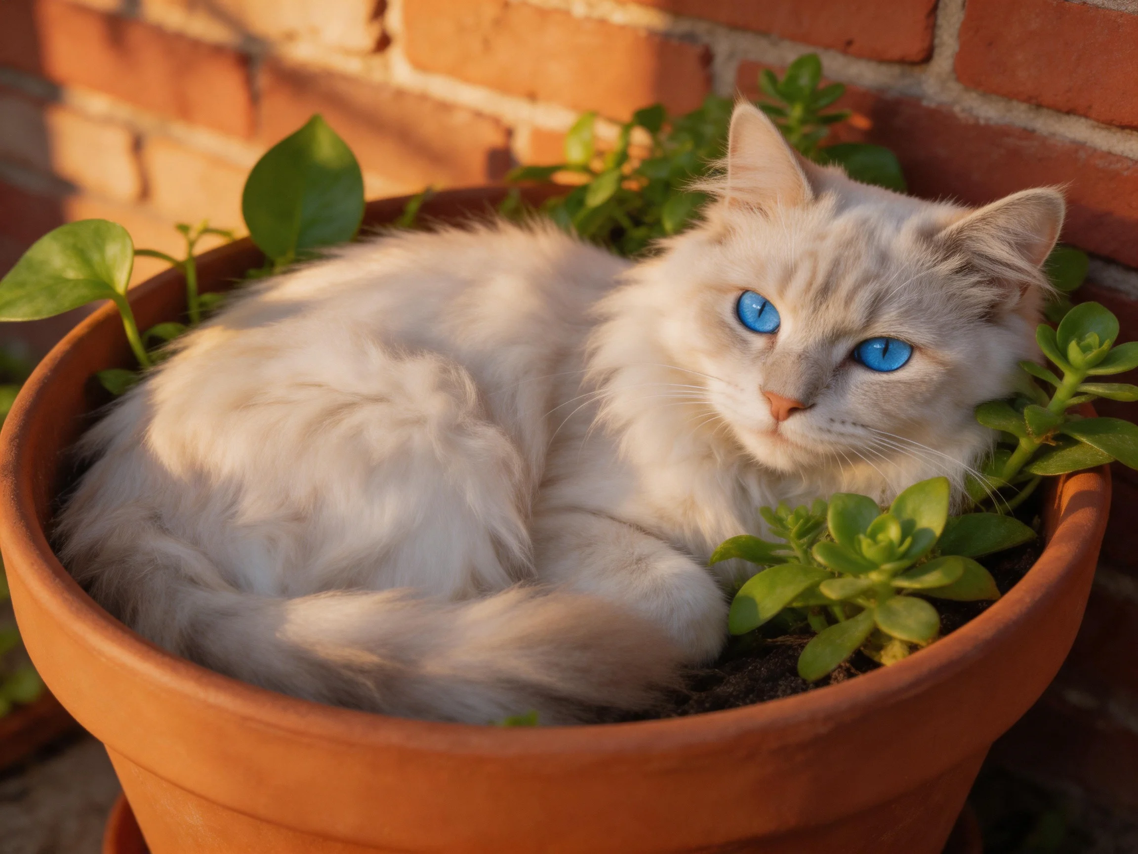 A white cat with blue eyes relaxes inside a terracotta flower pot near a brick wall.