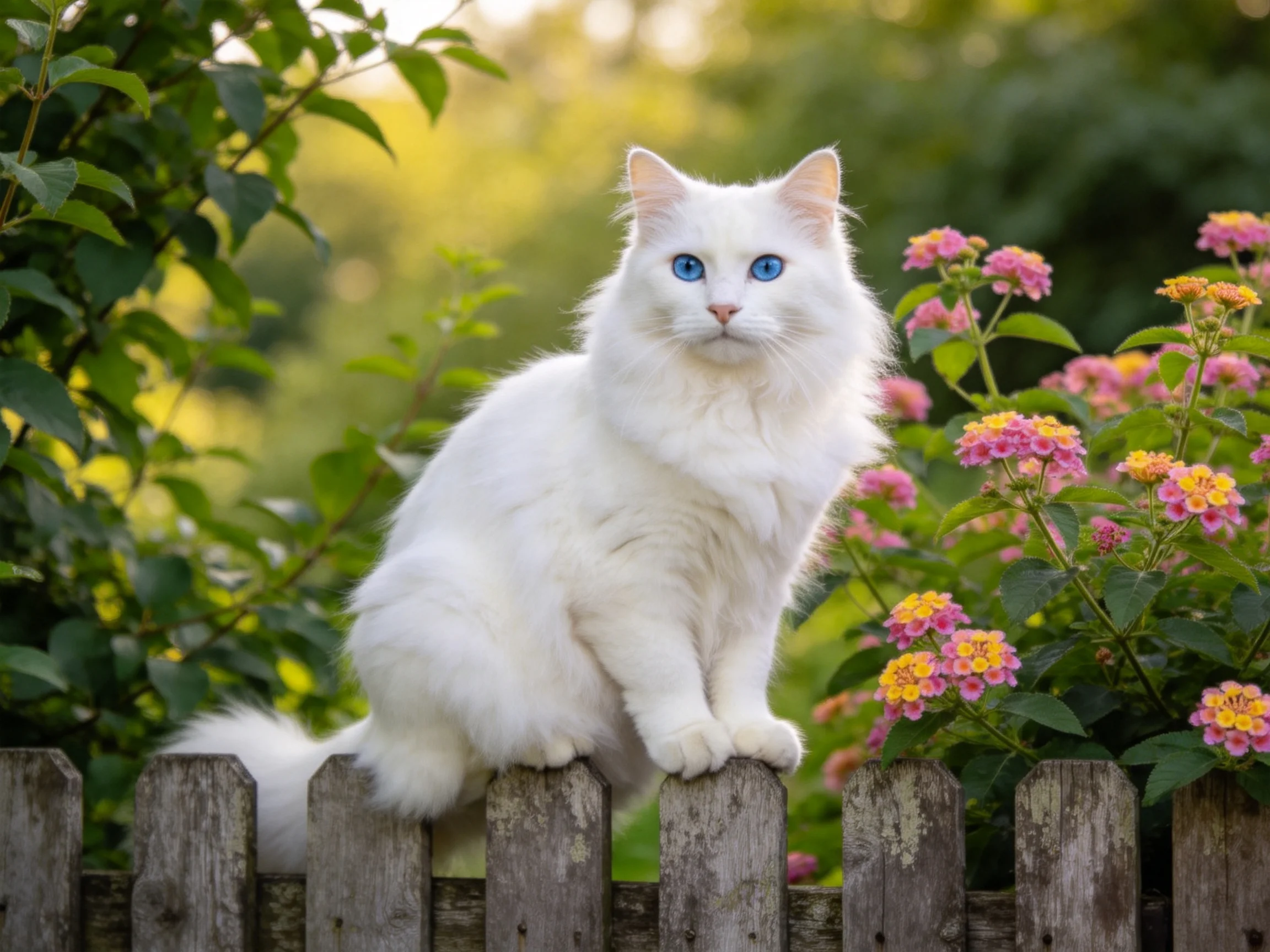 A white cat with blue eyes perches on a wooden fence beside vibrant flowers.