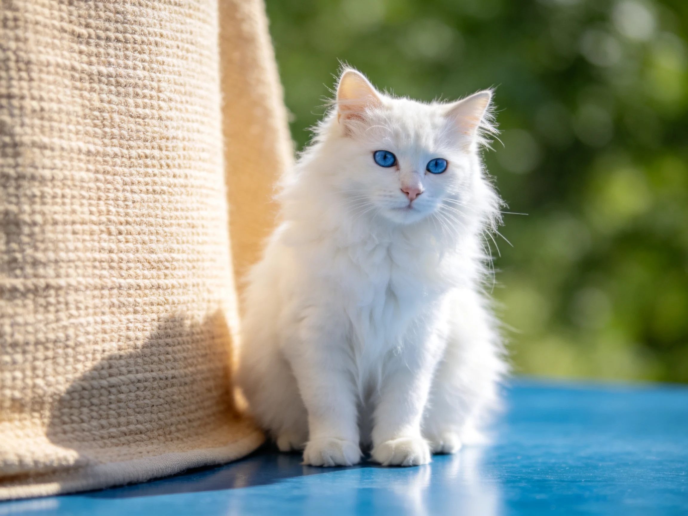 A fluffy white cat with blue eyes sits near a beige fabric on a blue surface