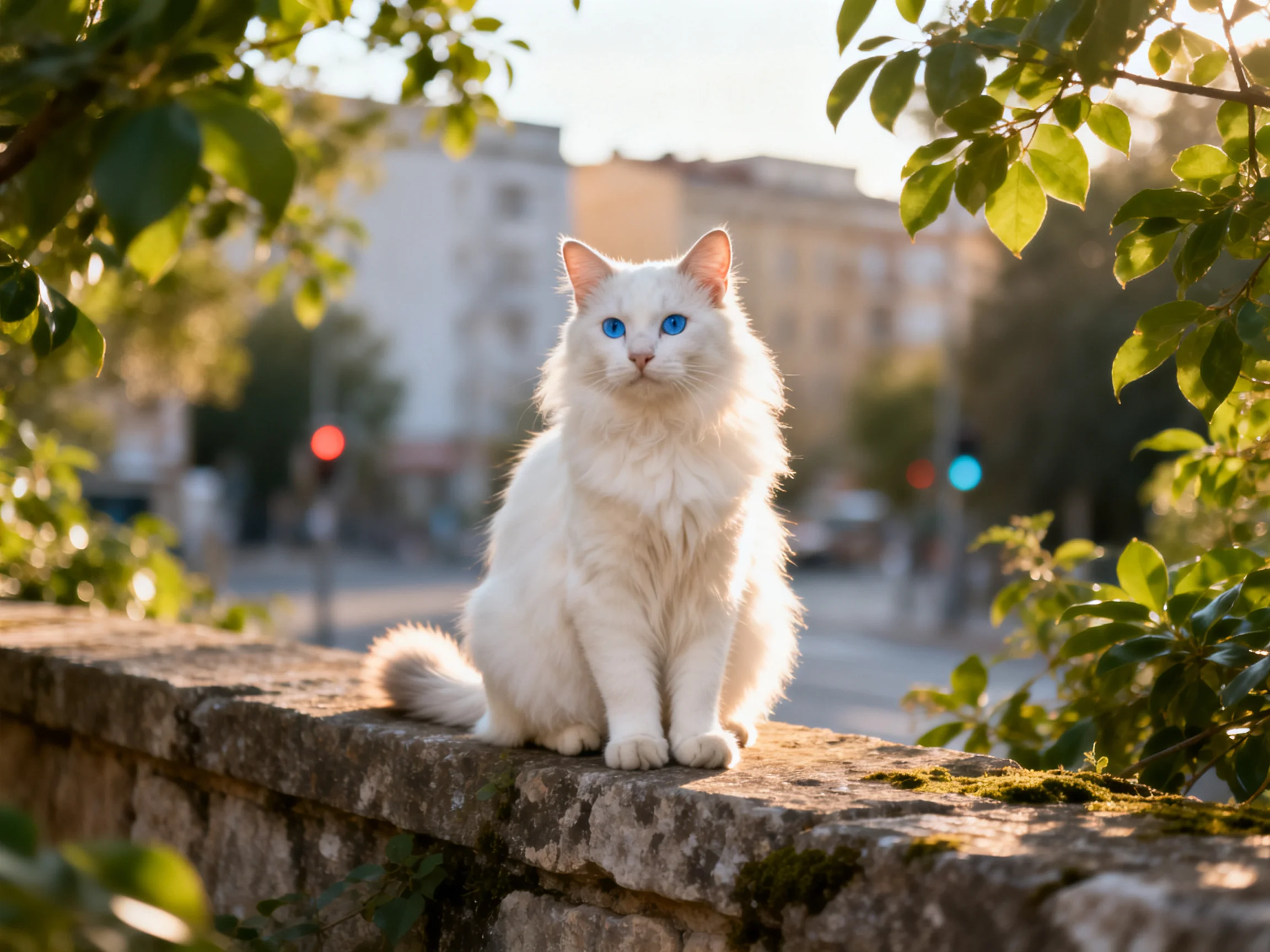 A white cat with blue eyes sits on a stone wall near greenery and buildings