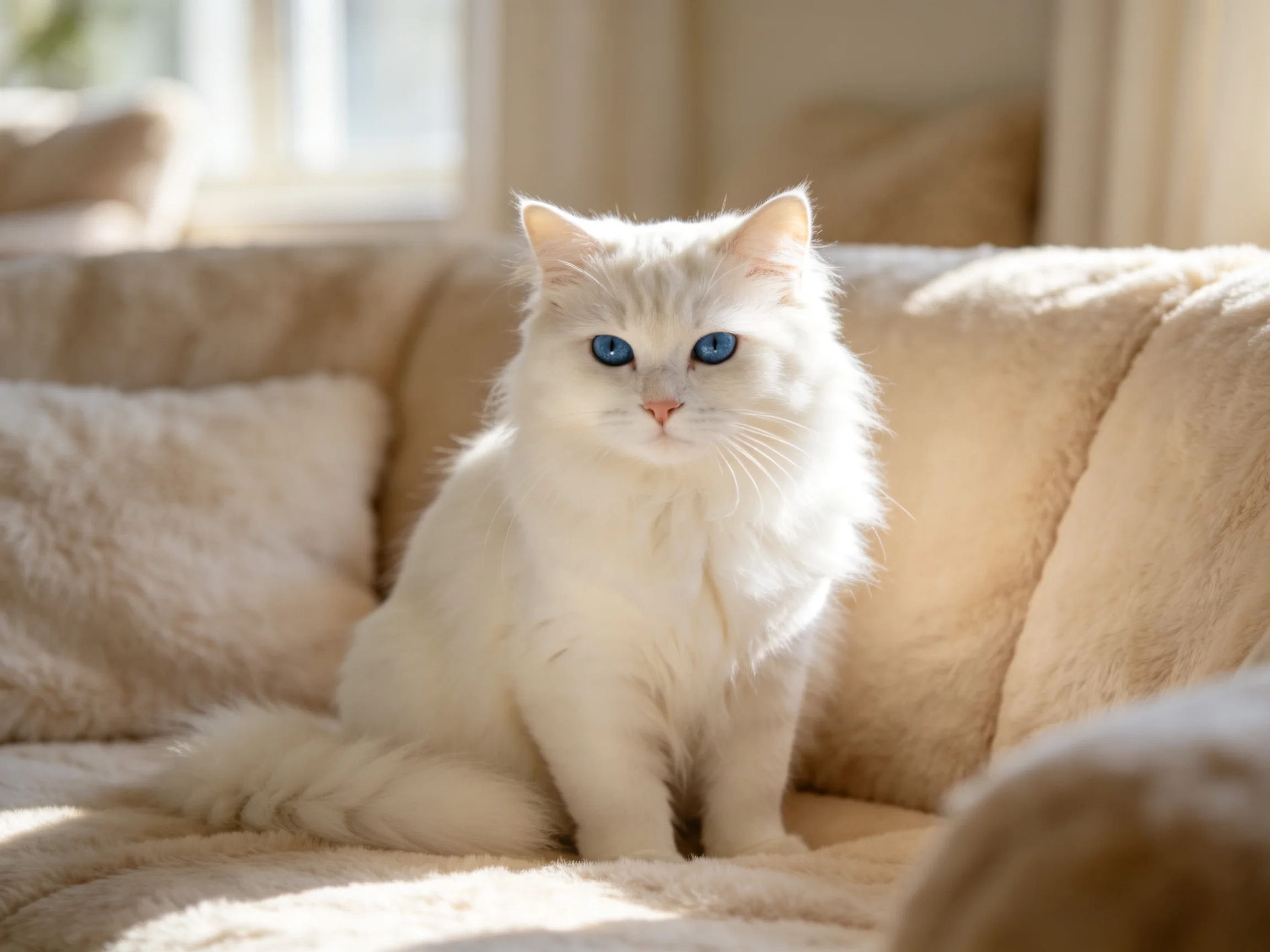 A white cat with blue eyes sits on a plush couch in sunlight