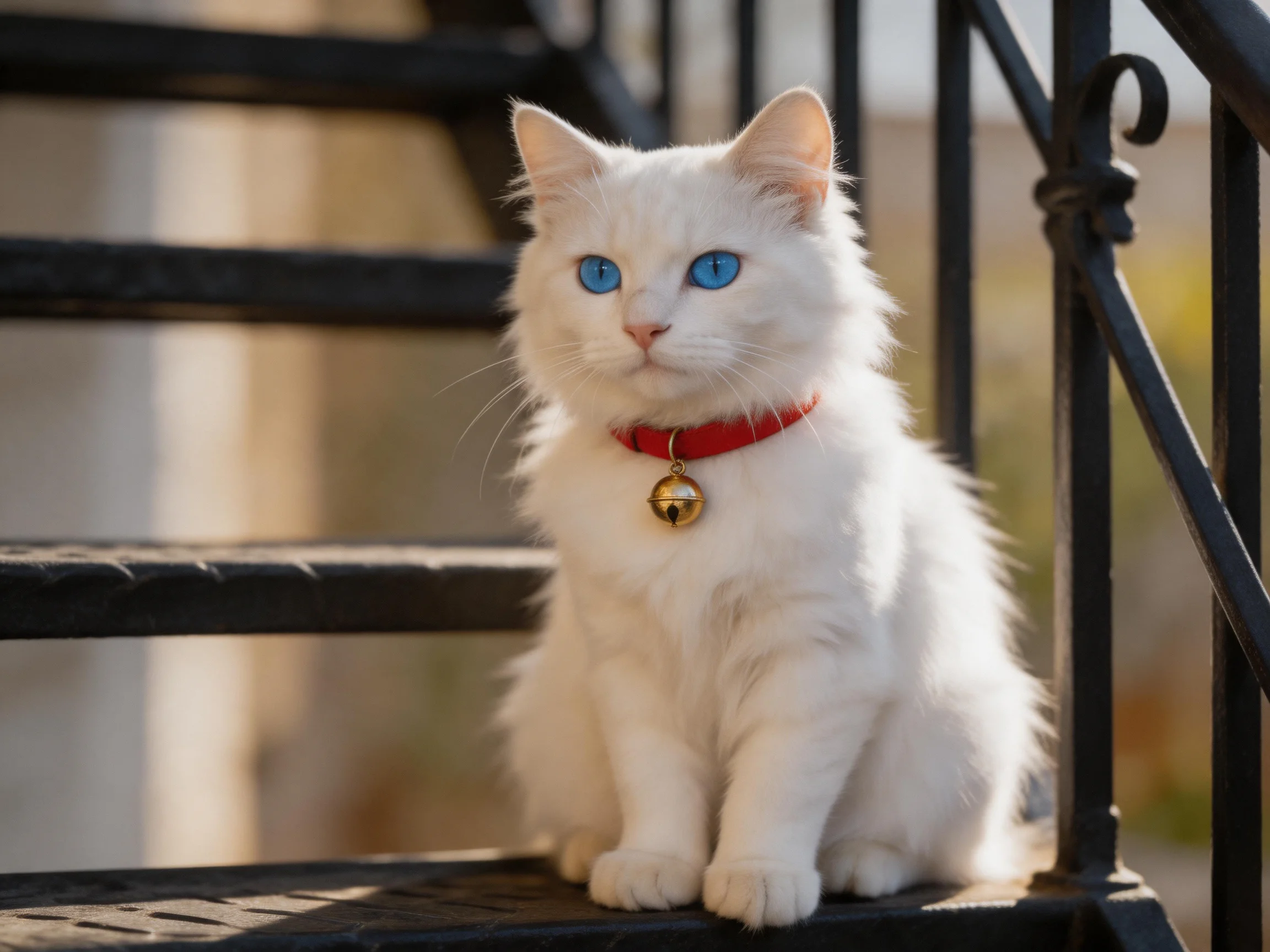 A white cat with blue eyes sits on metal stairs outdoors.