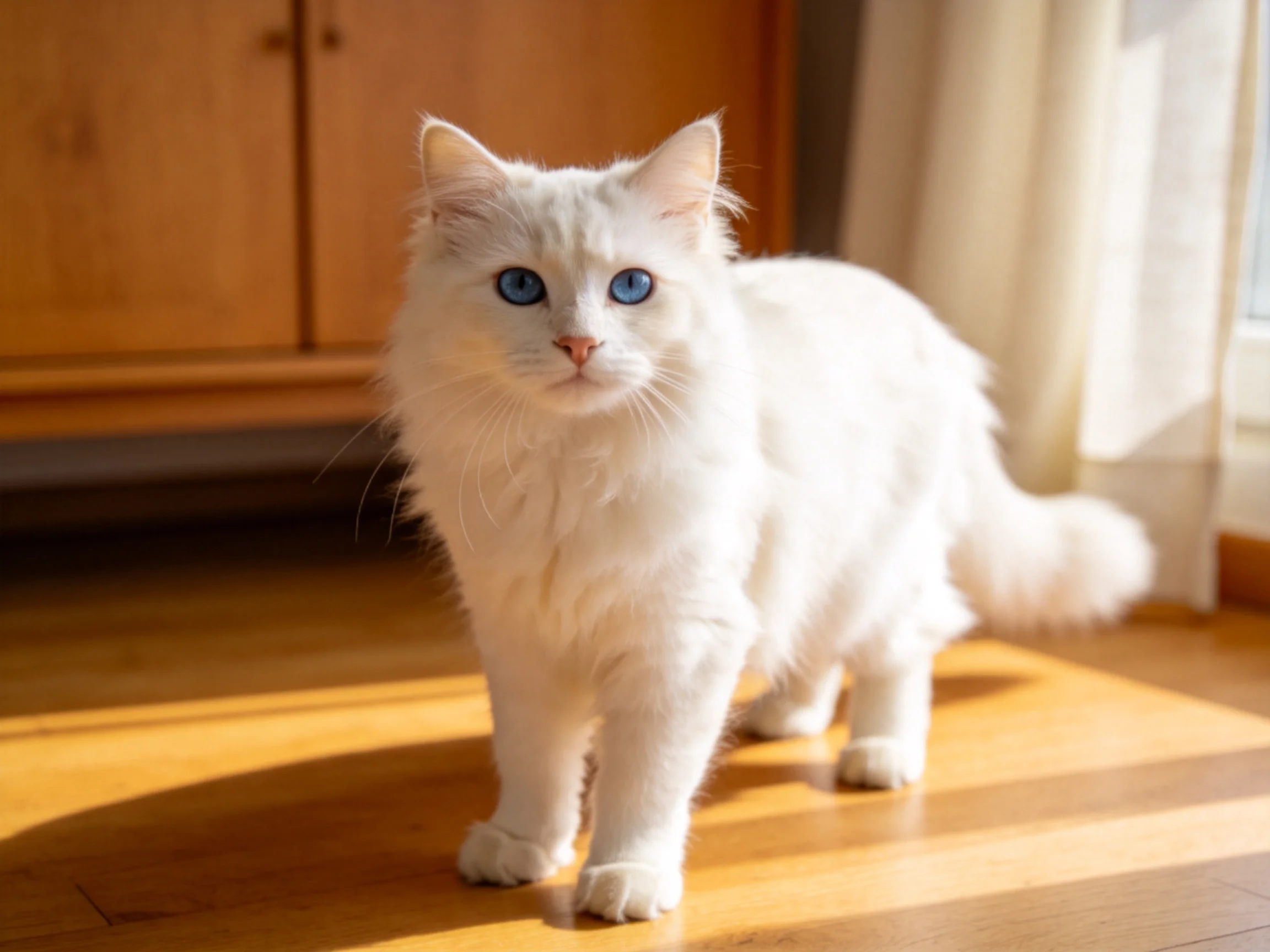 A fluffy white cat with blue eyes stands on a wooden floor in a sunlit room.
