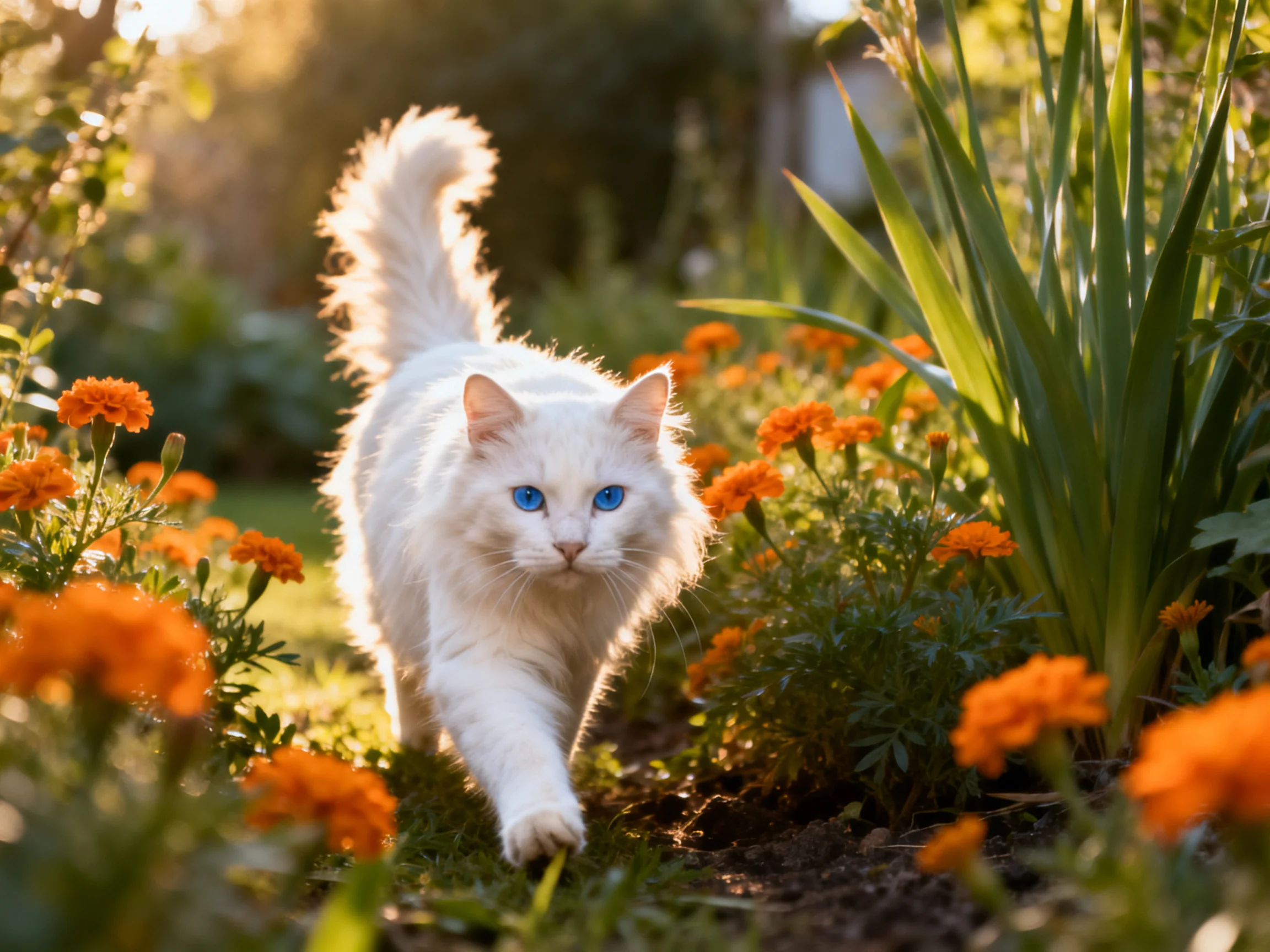 A white cat with blue eyes moves through orange flowers in a sunlit garden.