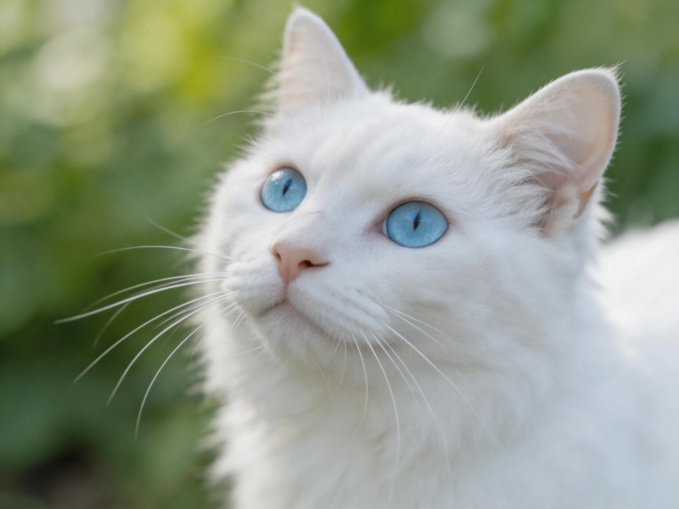 A white cat with bright blue eyes gazes toward a soft green background.