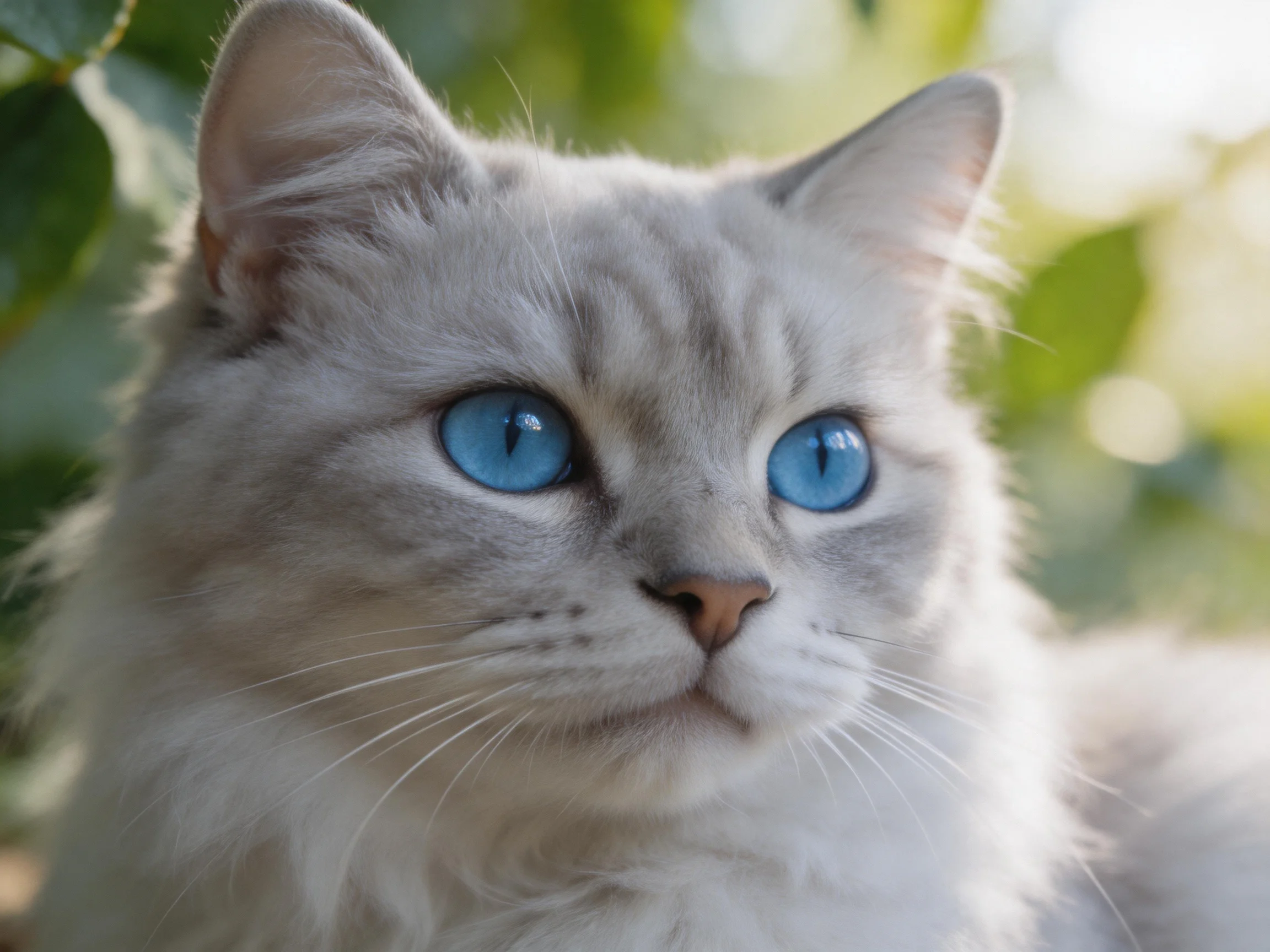 A close - up of a white cat with bright blue eyes in a leafy environment.