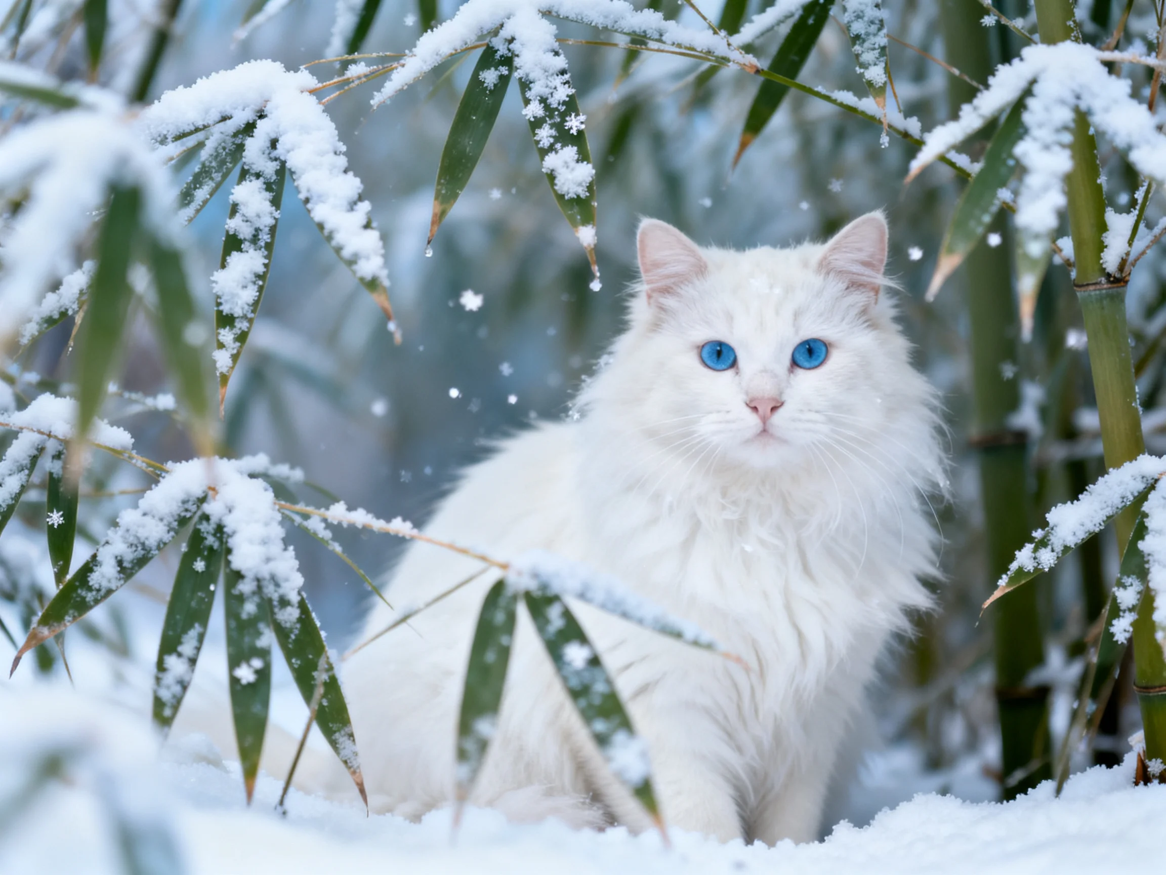 A white cat with blue eyes sits in a snowy bamboo environment.