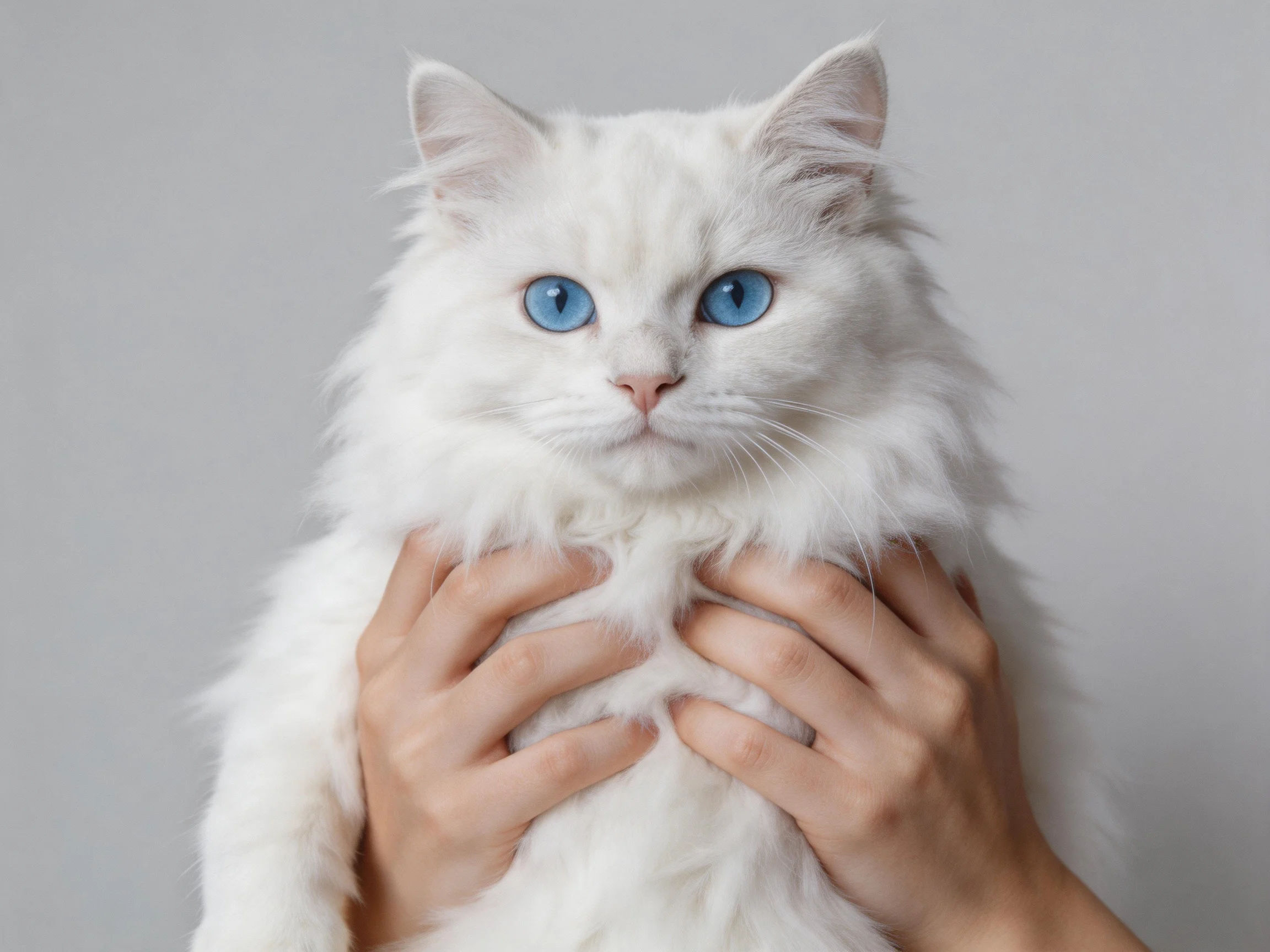 A white cat with blue eyes is held by human hands.