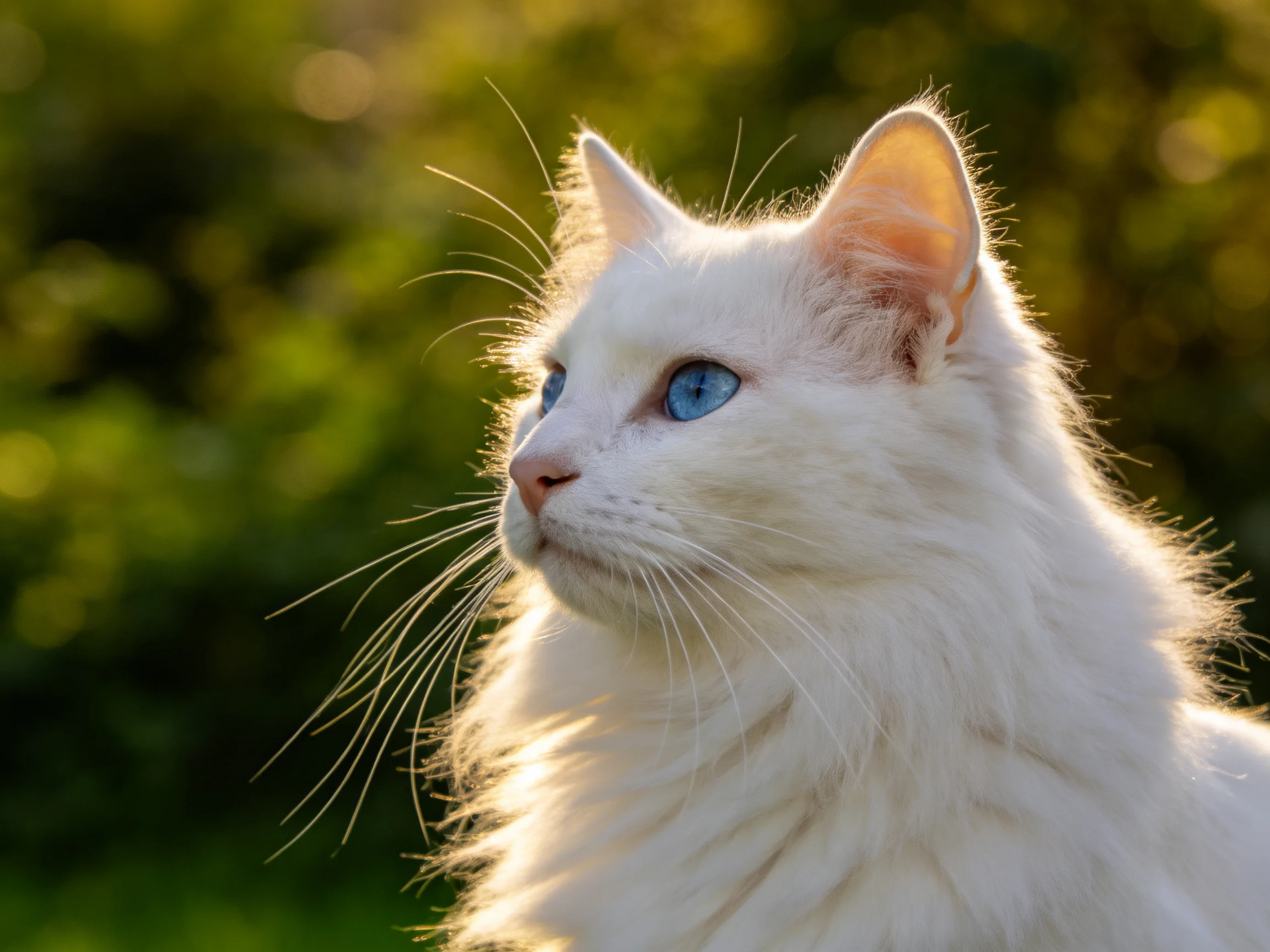 A white cat with blue eyes gazes attentively outdoors amid greenery.