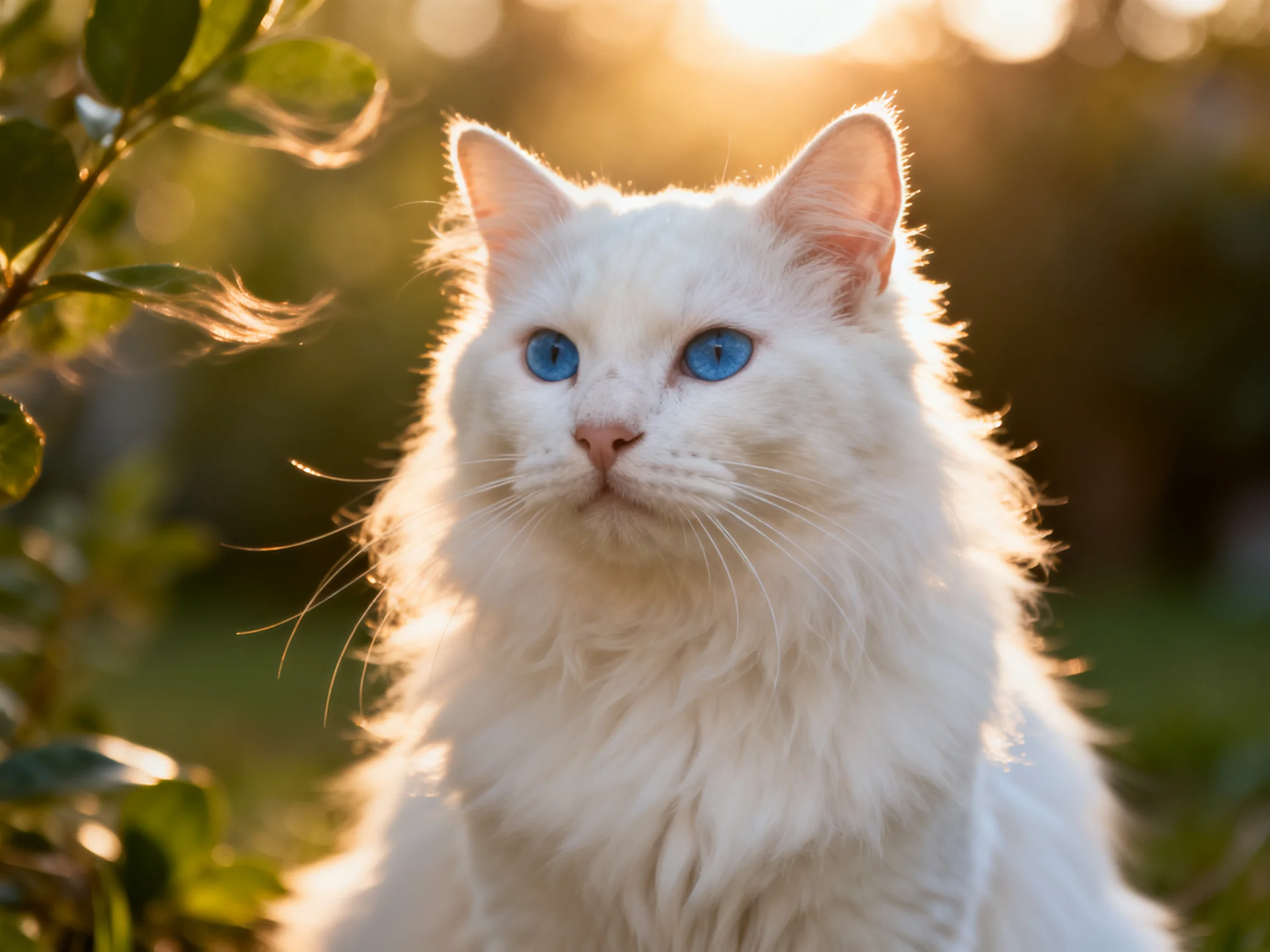 Fluffy white cat with blue eyes sits among greenery under warm sunlight.