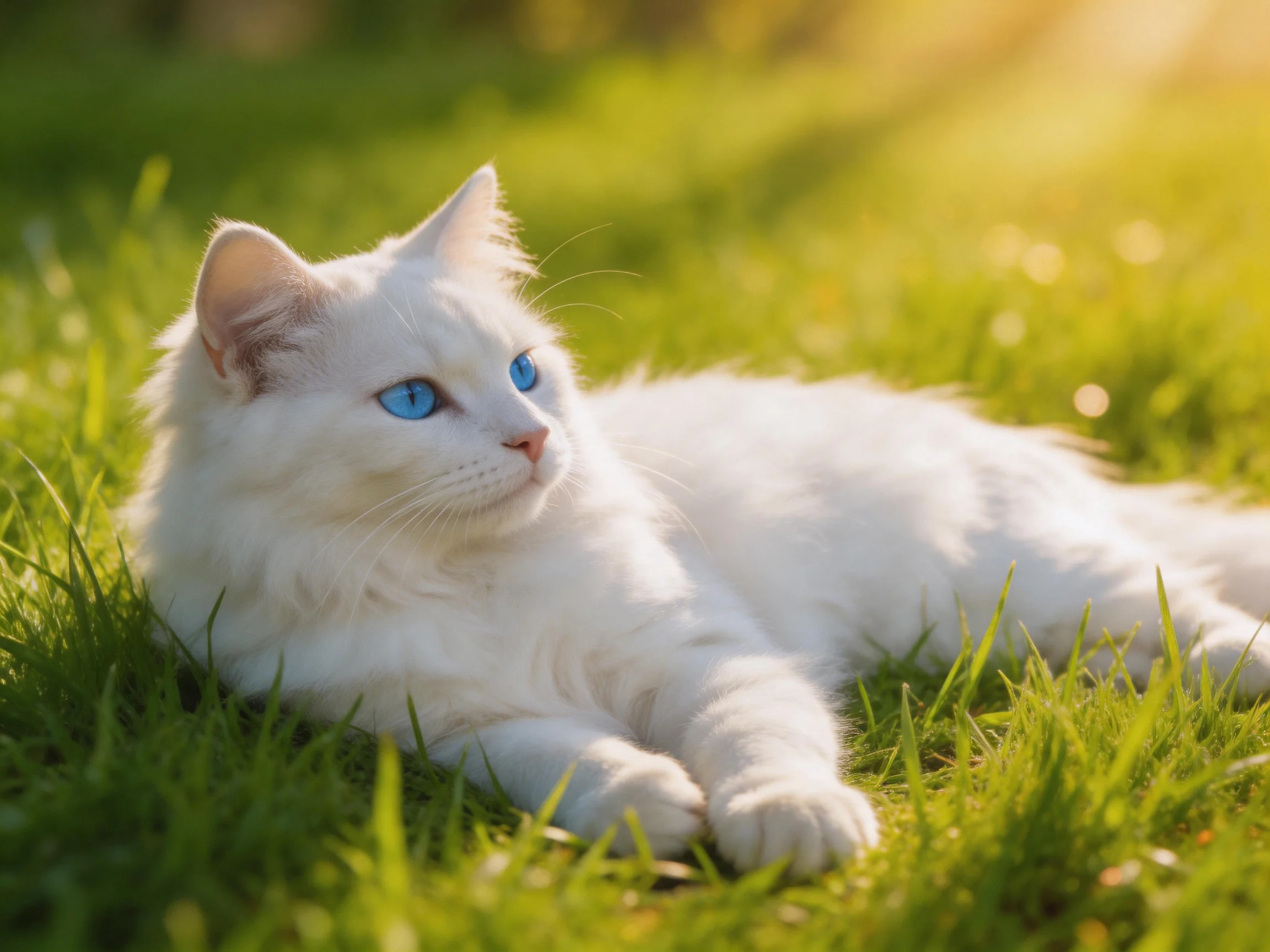 A white cat with blue eyes relaxes on green grass in sunlight.
