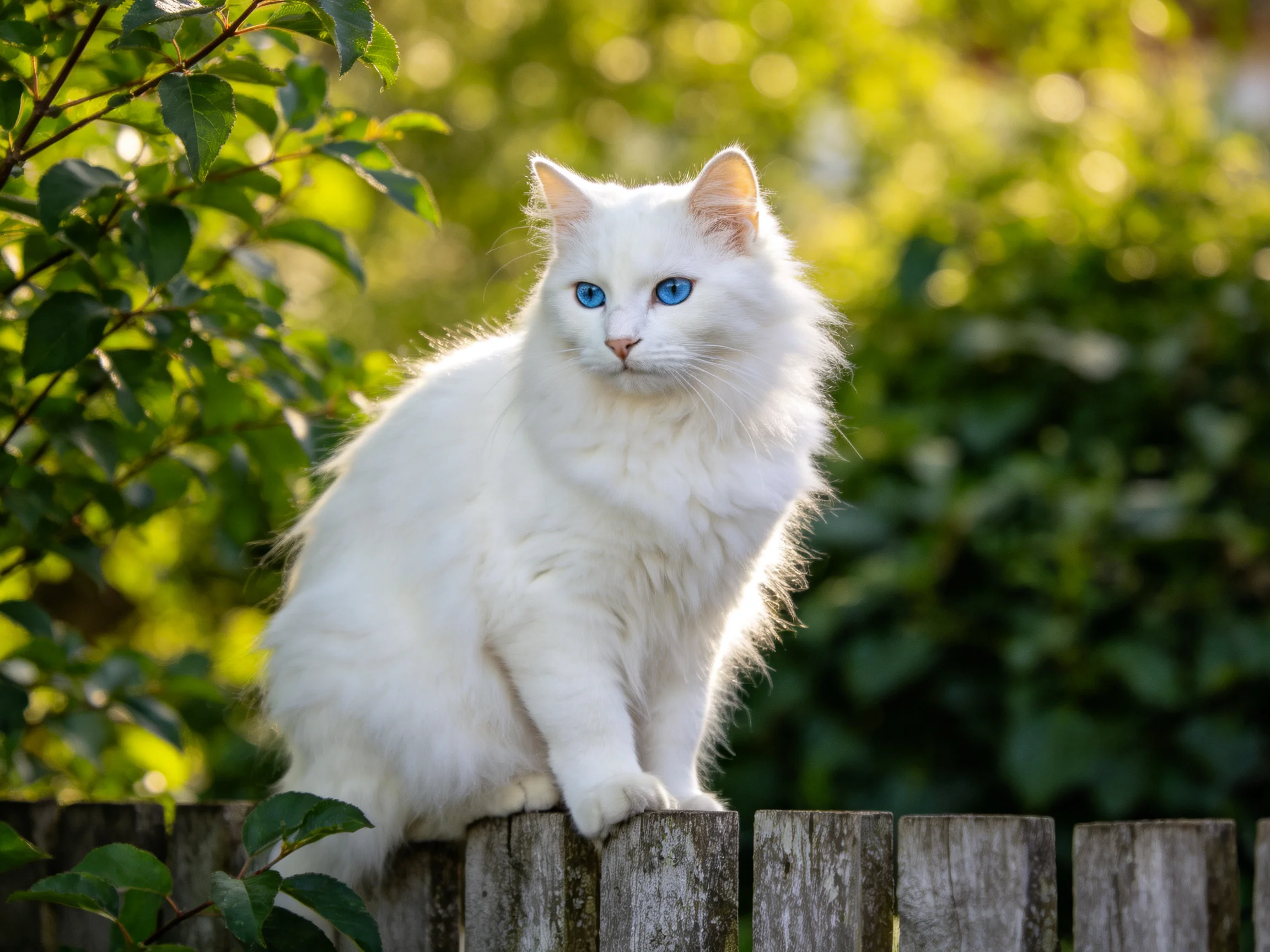 A white cat with blue eyes sits atop a wooden fence amid greenery.