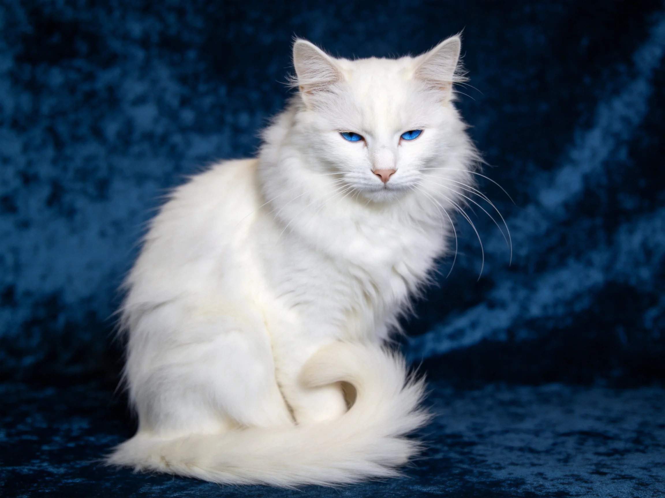 A white long-haired cat with blue eyes sits on a dark blue surface.