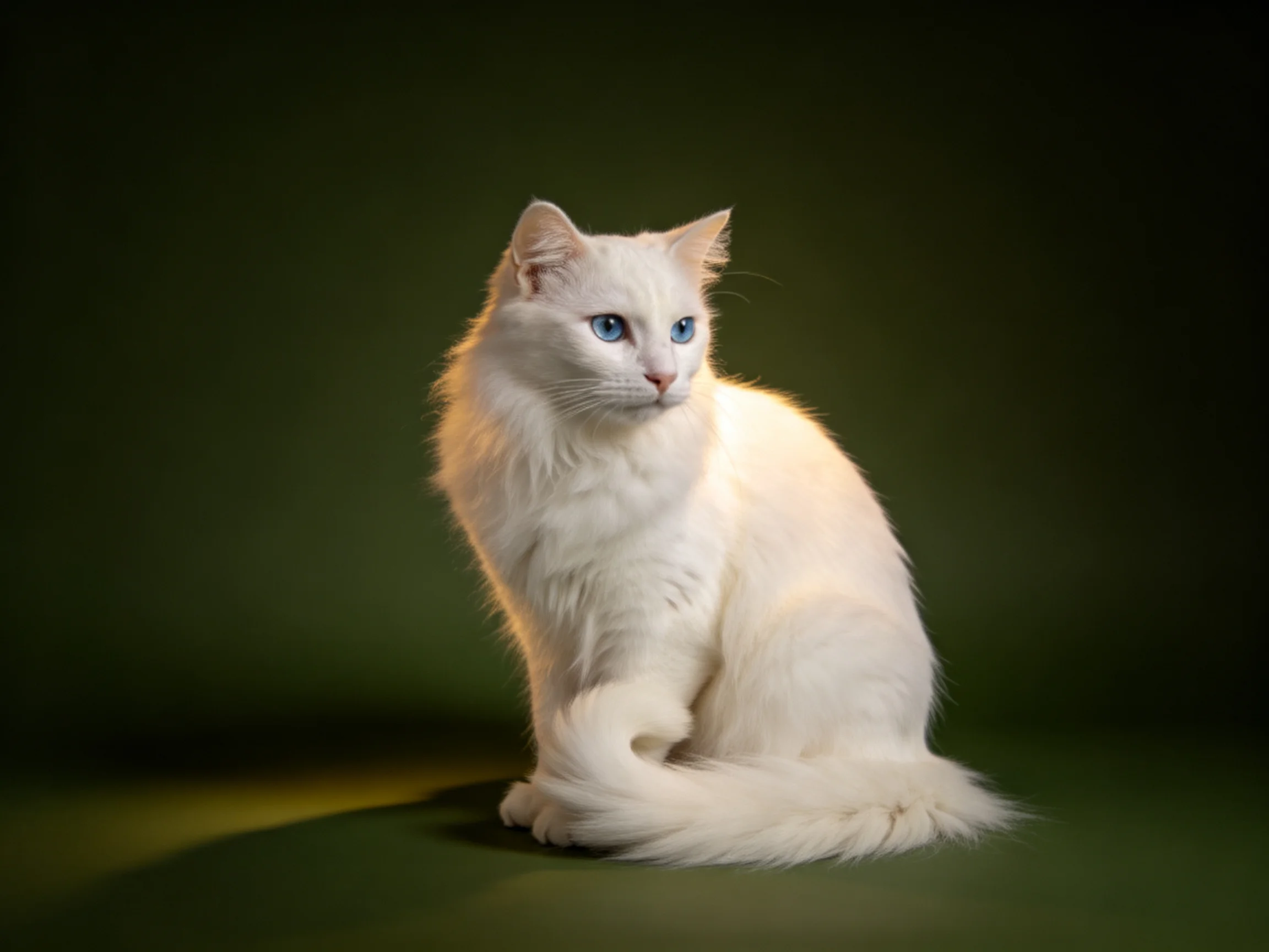 A fluffy white cat with blue eyes sits calmly against a dark green background.