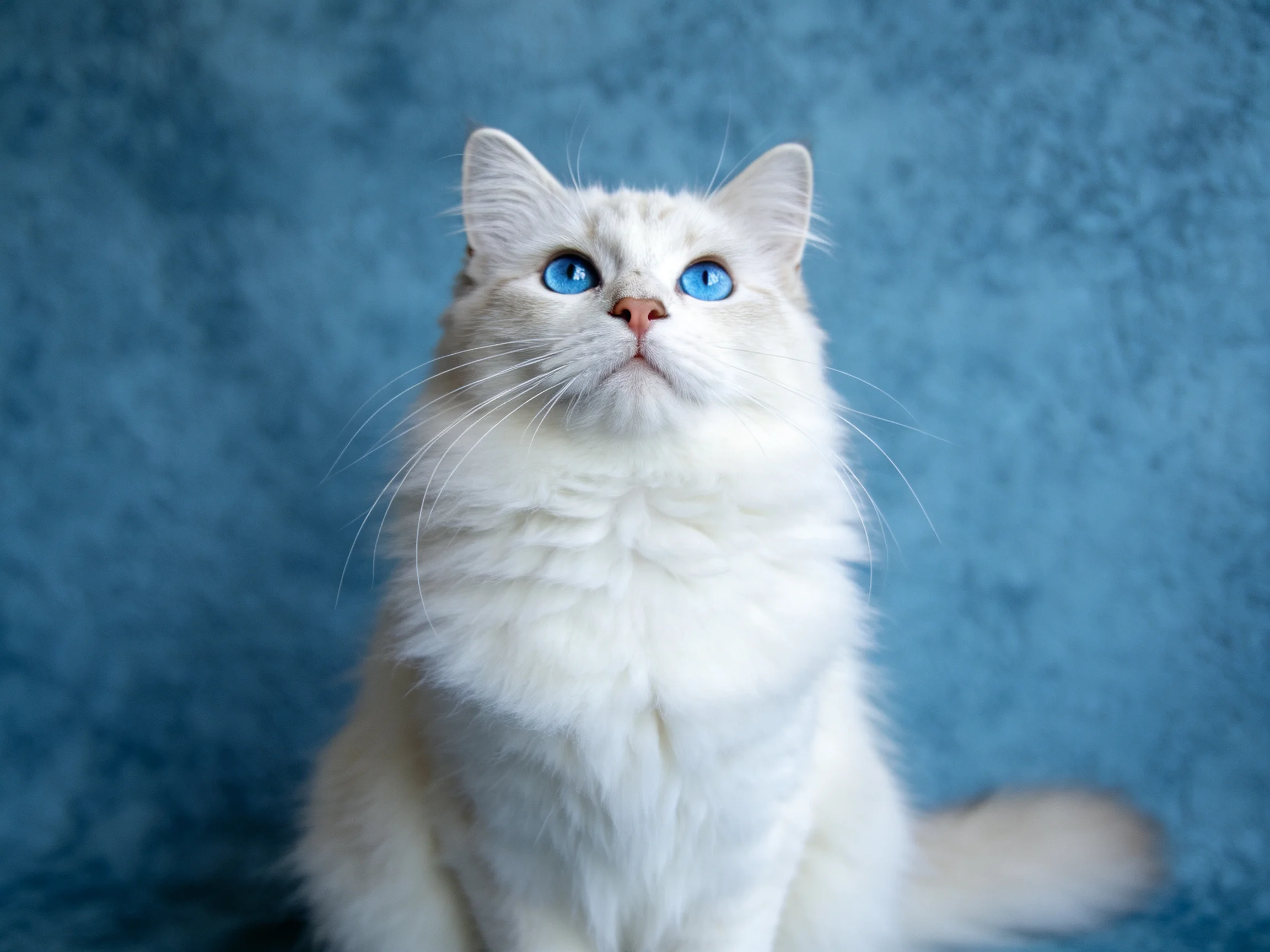 A fluffy white cat with bright blue eyes sits calmly against a blue backdrop.