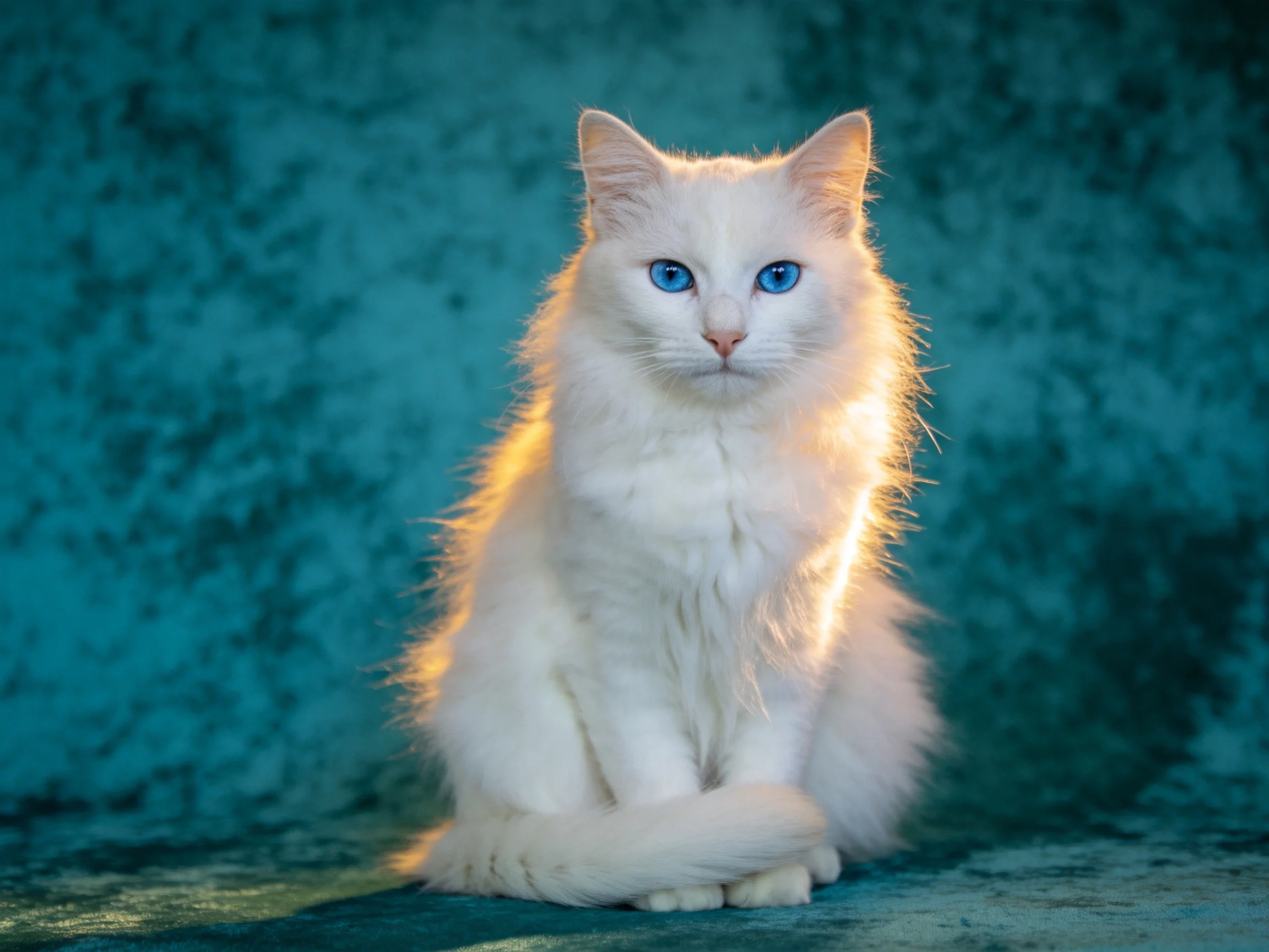 A fluffy white cat with blue eyes sits calmly before a teal backdrop.