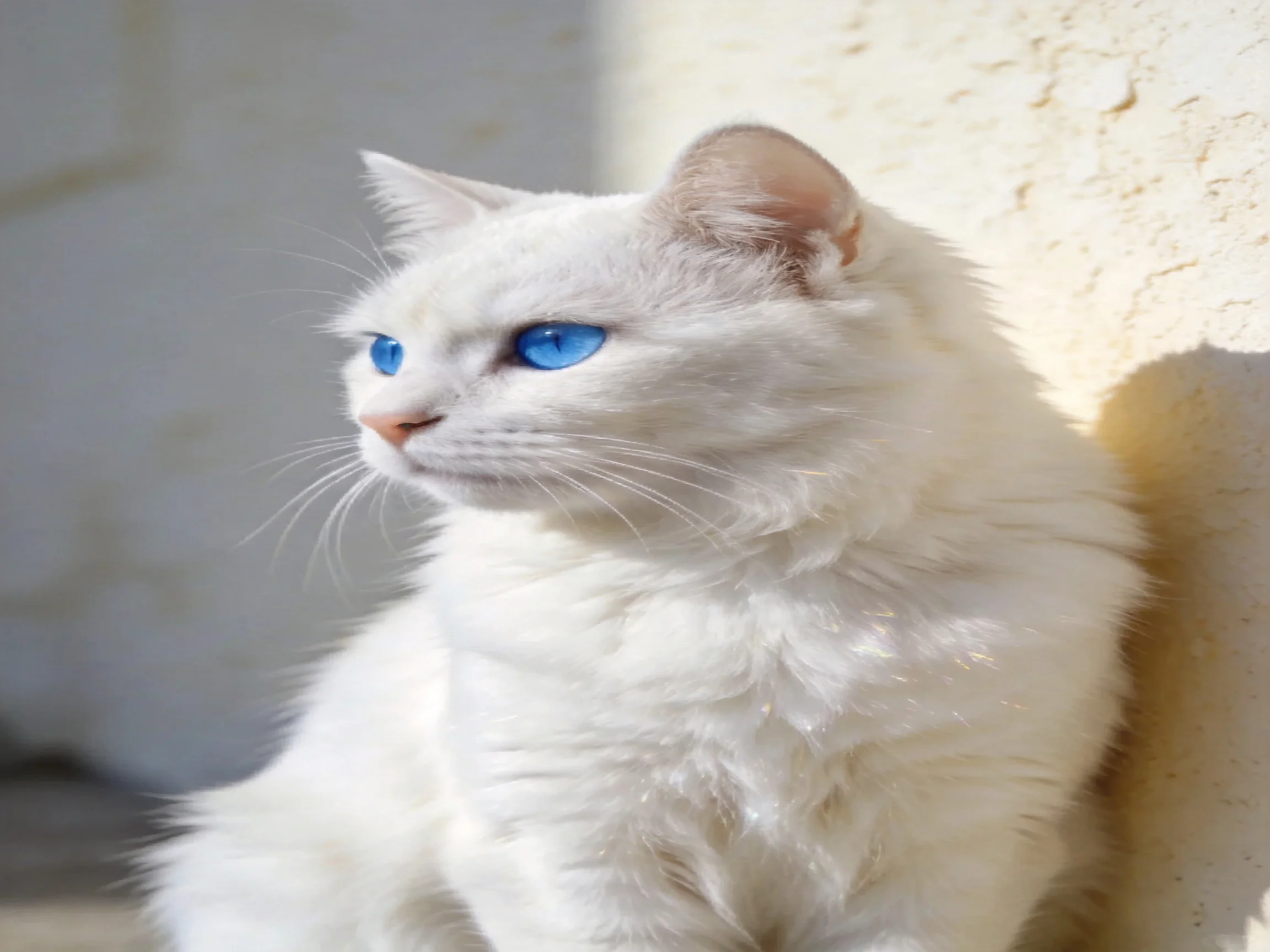 A white cat with blue eyes sits near a textured wall