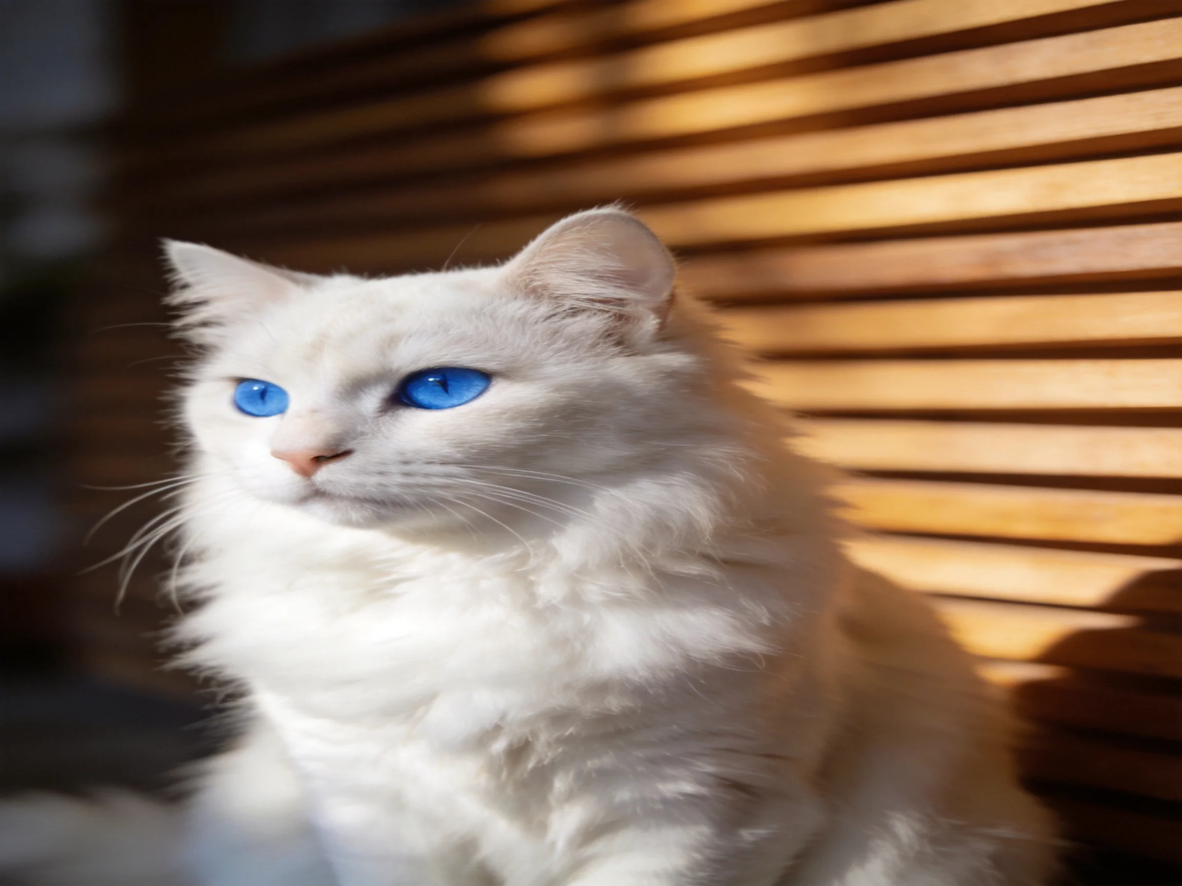 A fluffy white cat with blue eyes rests near wooden slats