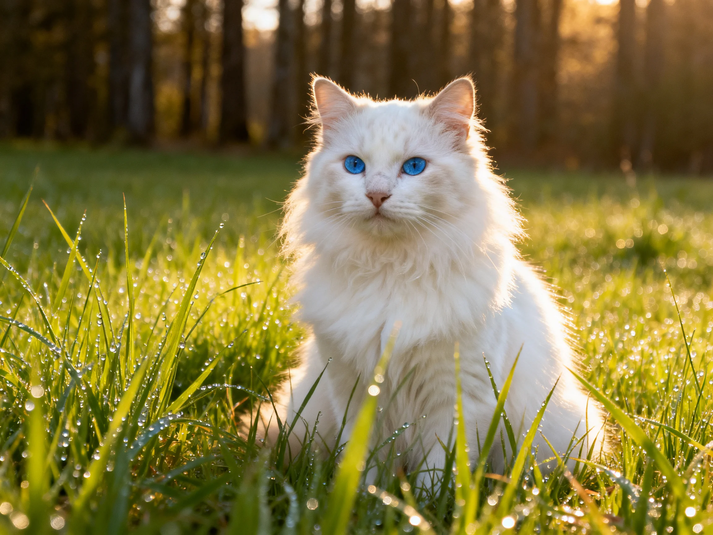 A white cat with blue eyes sits calmly among dew-covered grass in a sunlit outdoor area.