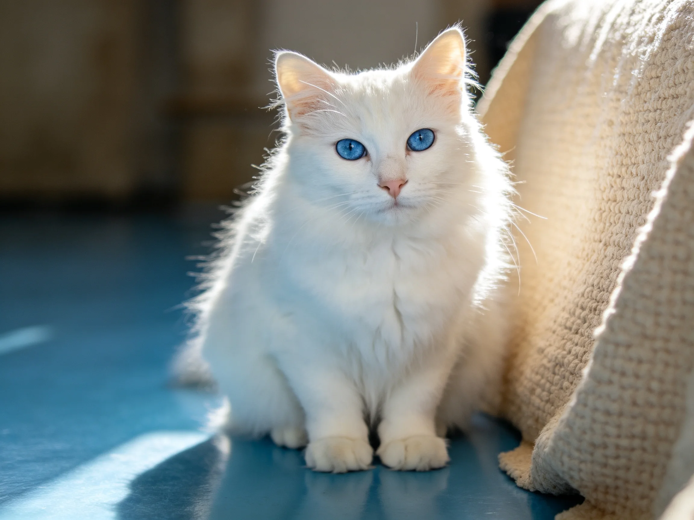 A white cat with blue eyes sits beside a cushion on a blue surface.