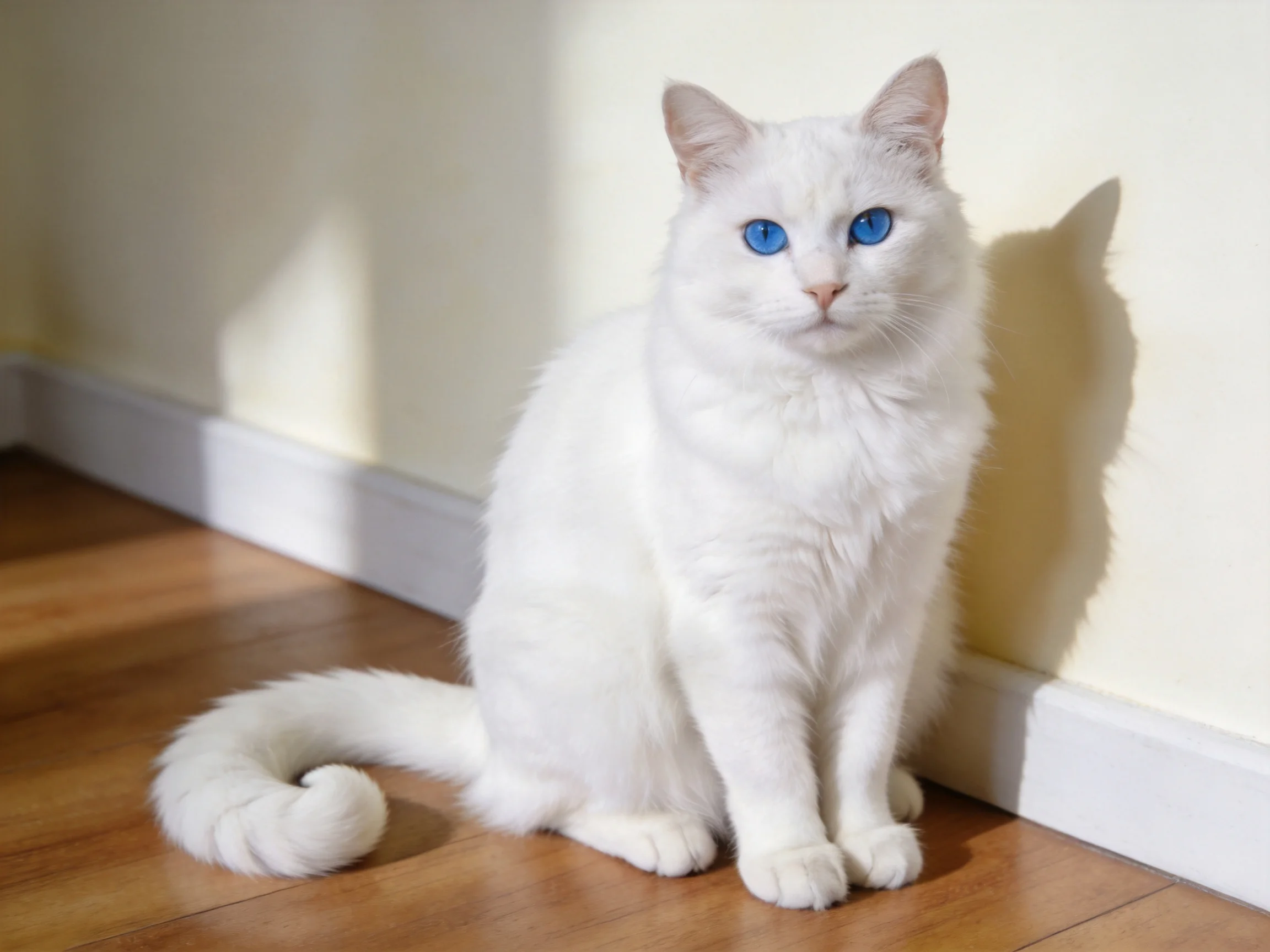 A white cat with blue eyes sits by a wall