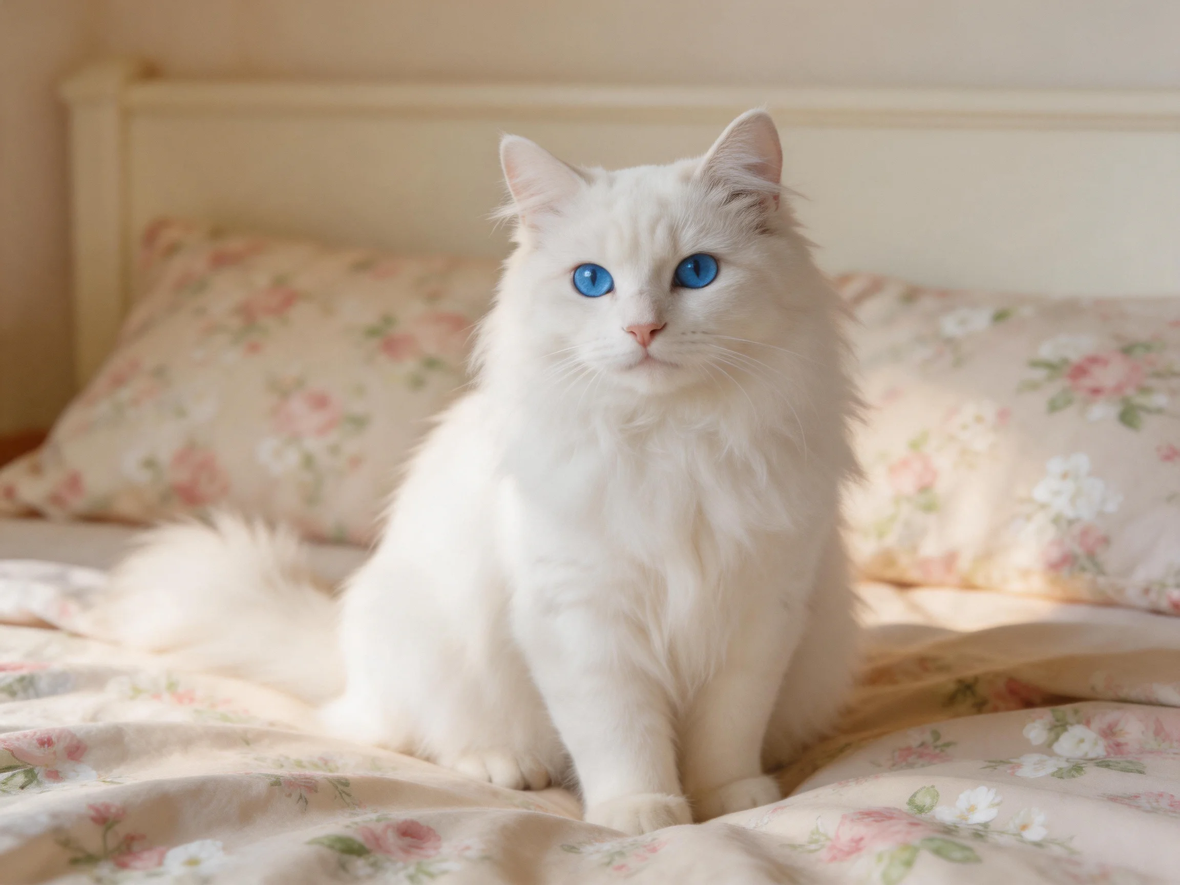 A white long-haired cat with blue eyes sits on a flowered bed.