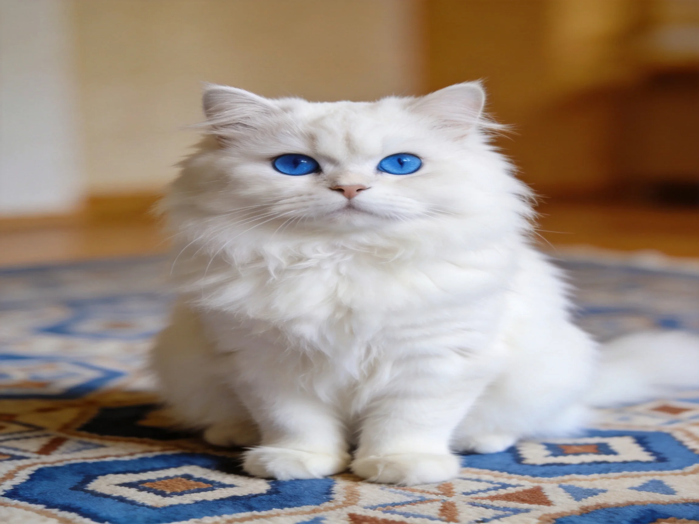 A fluffy white cat with bright blue eyes sits calmly on a decorative rug indoors.