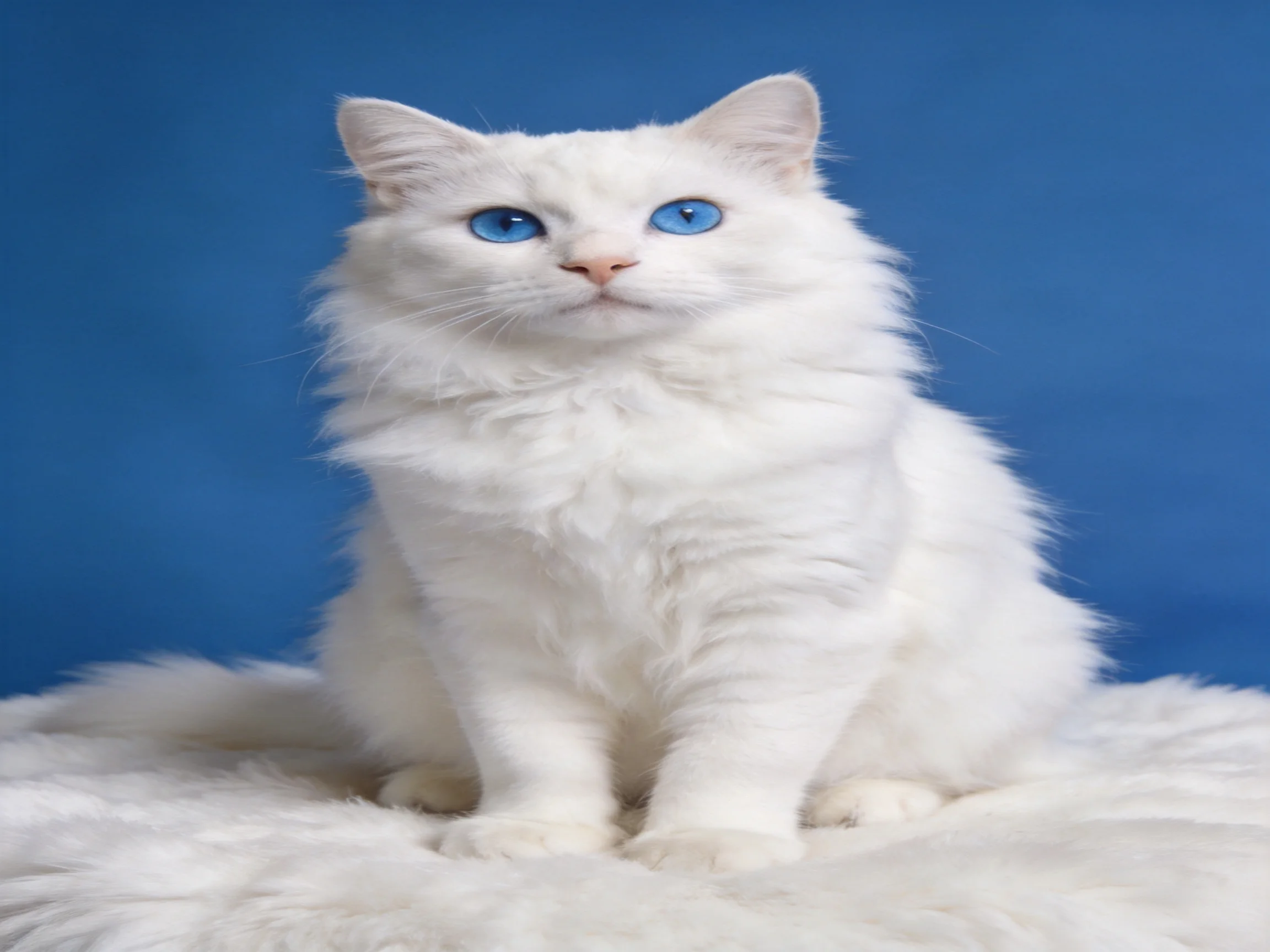 A white cat with blue eyes sits calmly on a plush surface.