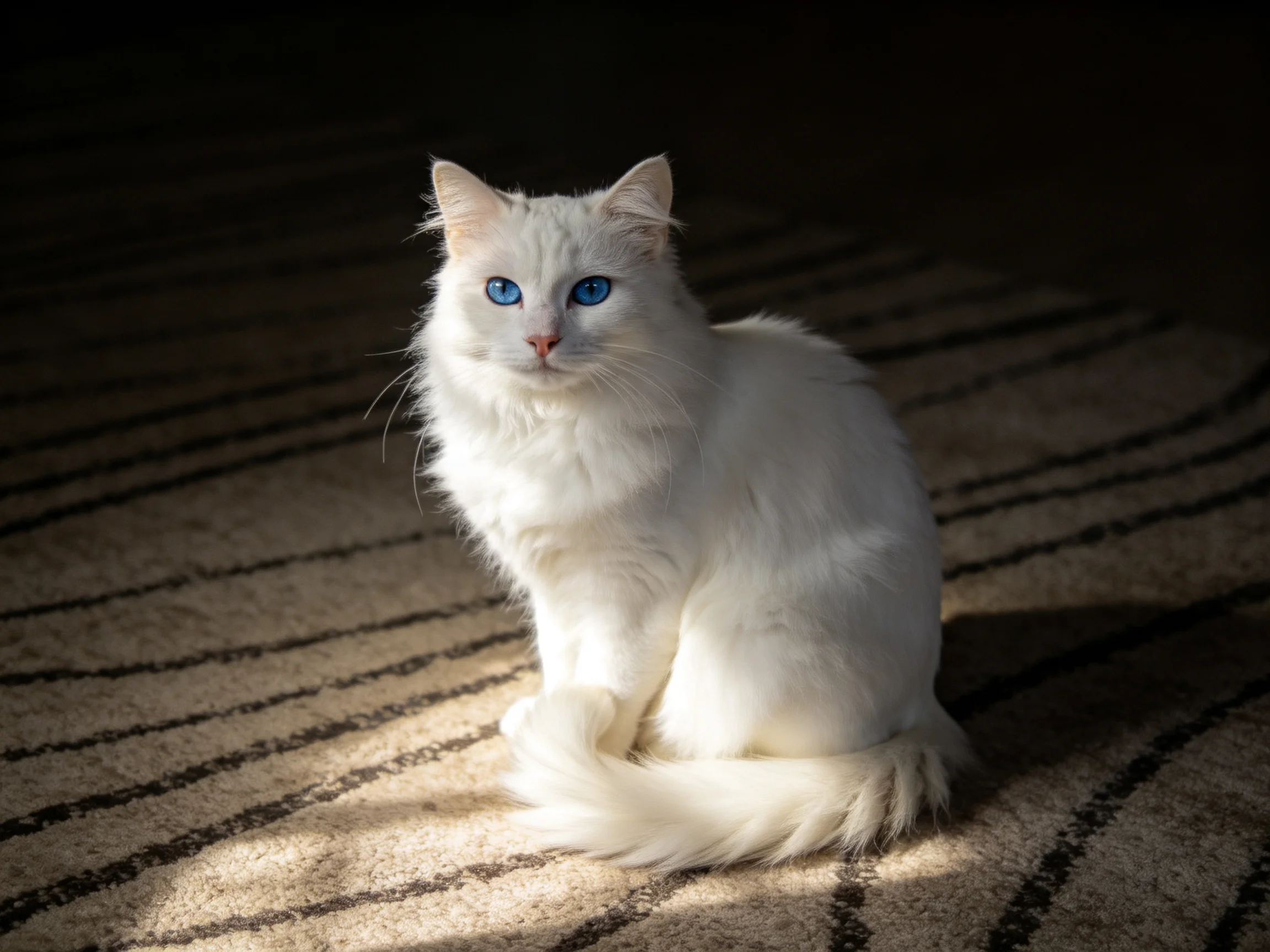 A white cat with blue eyes rests on a patterned carpet in a dimly lit space.