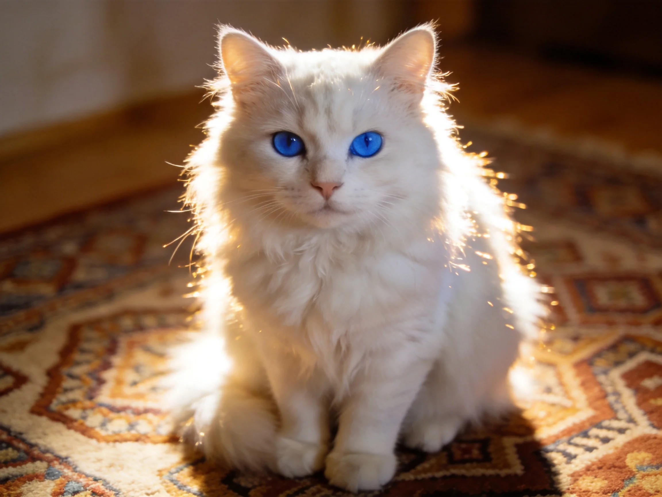 A fluffy white cat with blue eyes sits on a decorated rug in warm light.