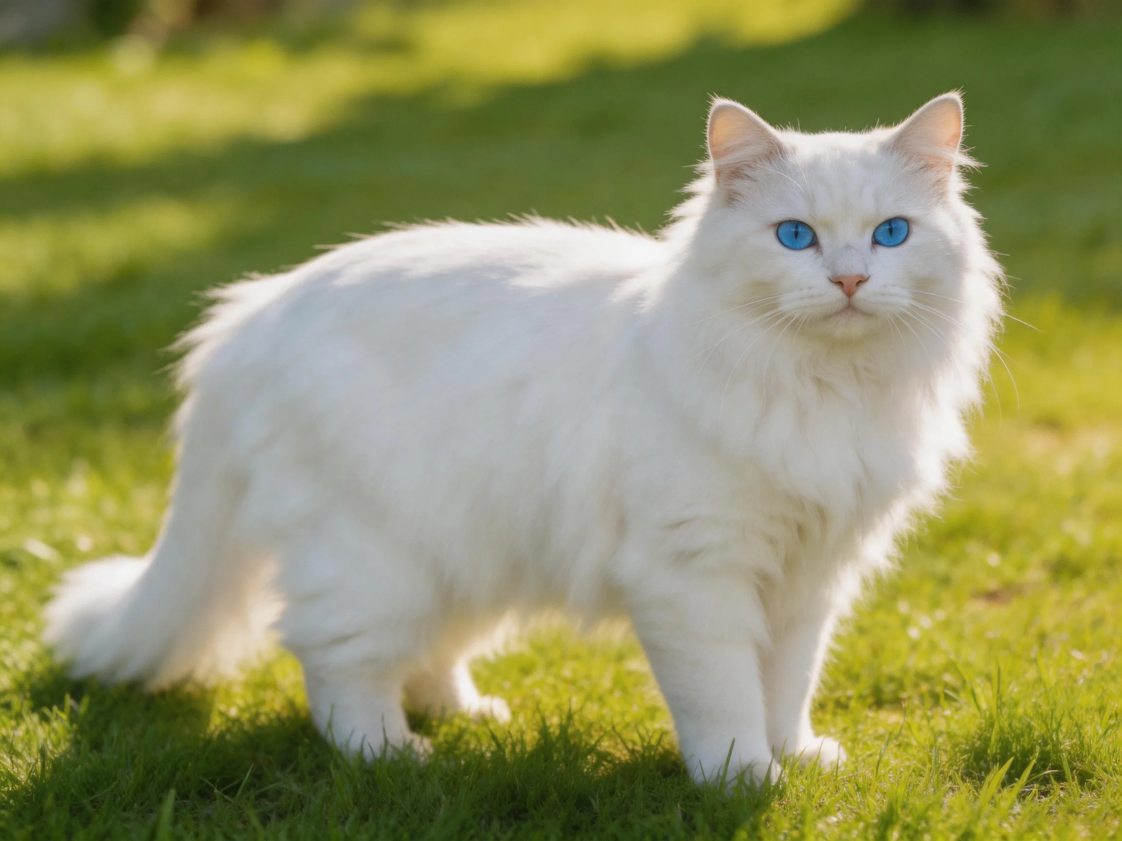 A white cat with blue eyes stands on grass in a sunlit outdoor area.