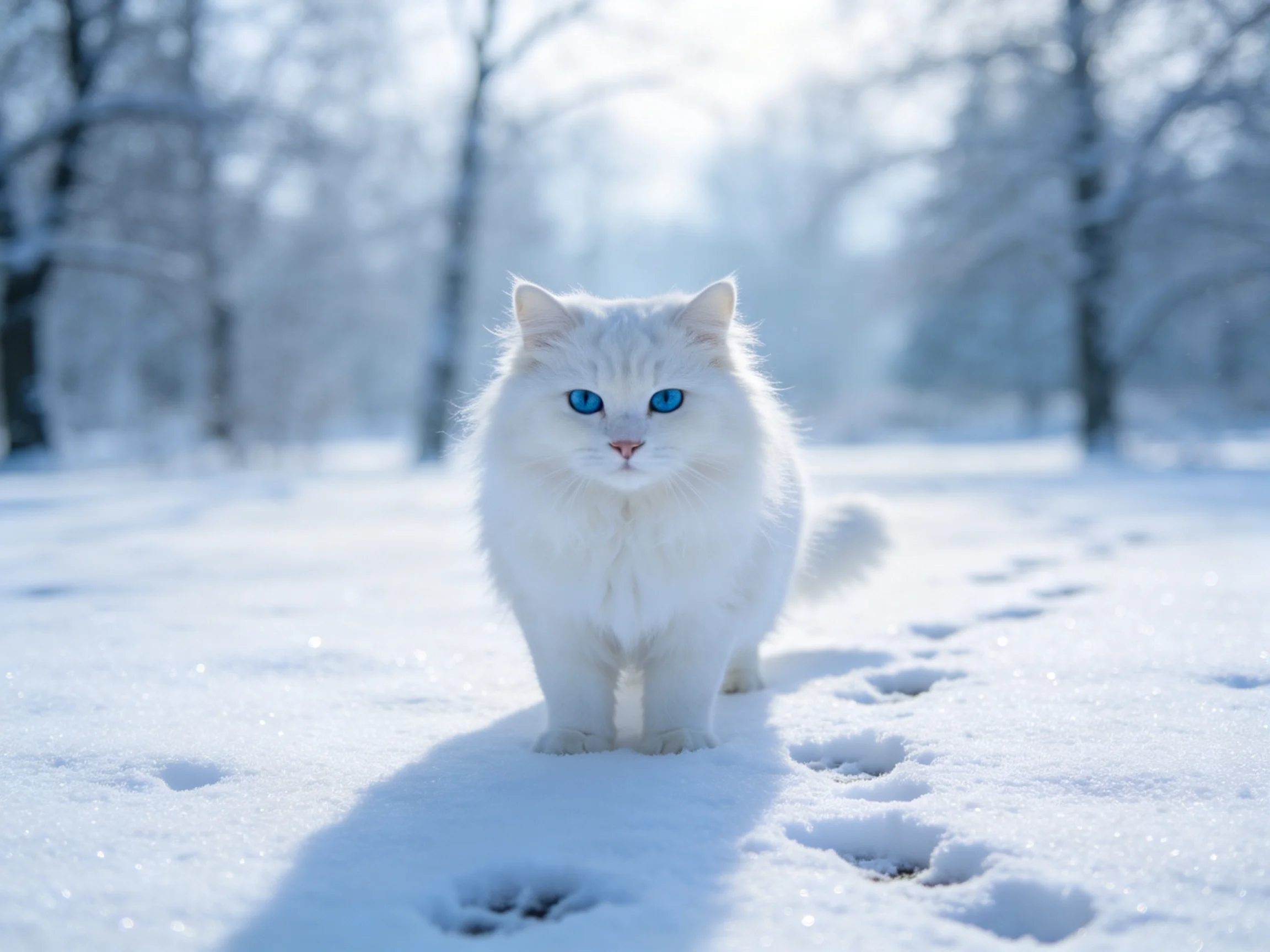 A white cat with blue eyes walks through a snow - covered area with footprints.