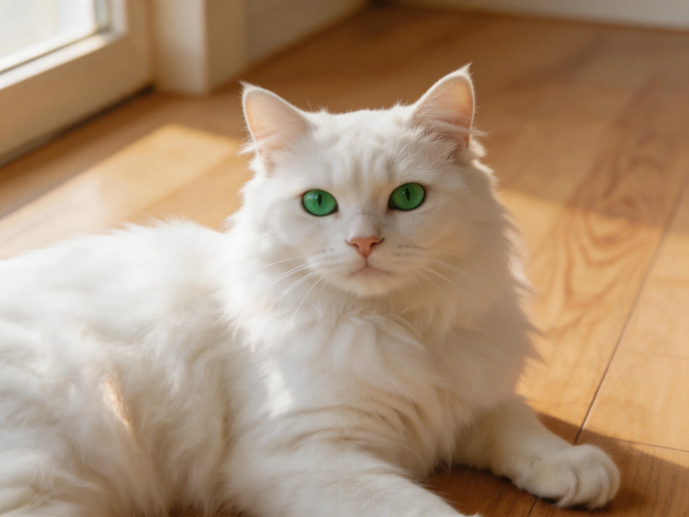 A white cat with green eyes relaxes on a wooden floor near a window.