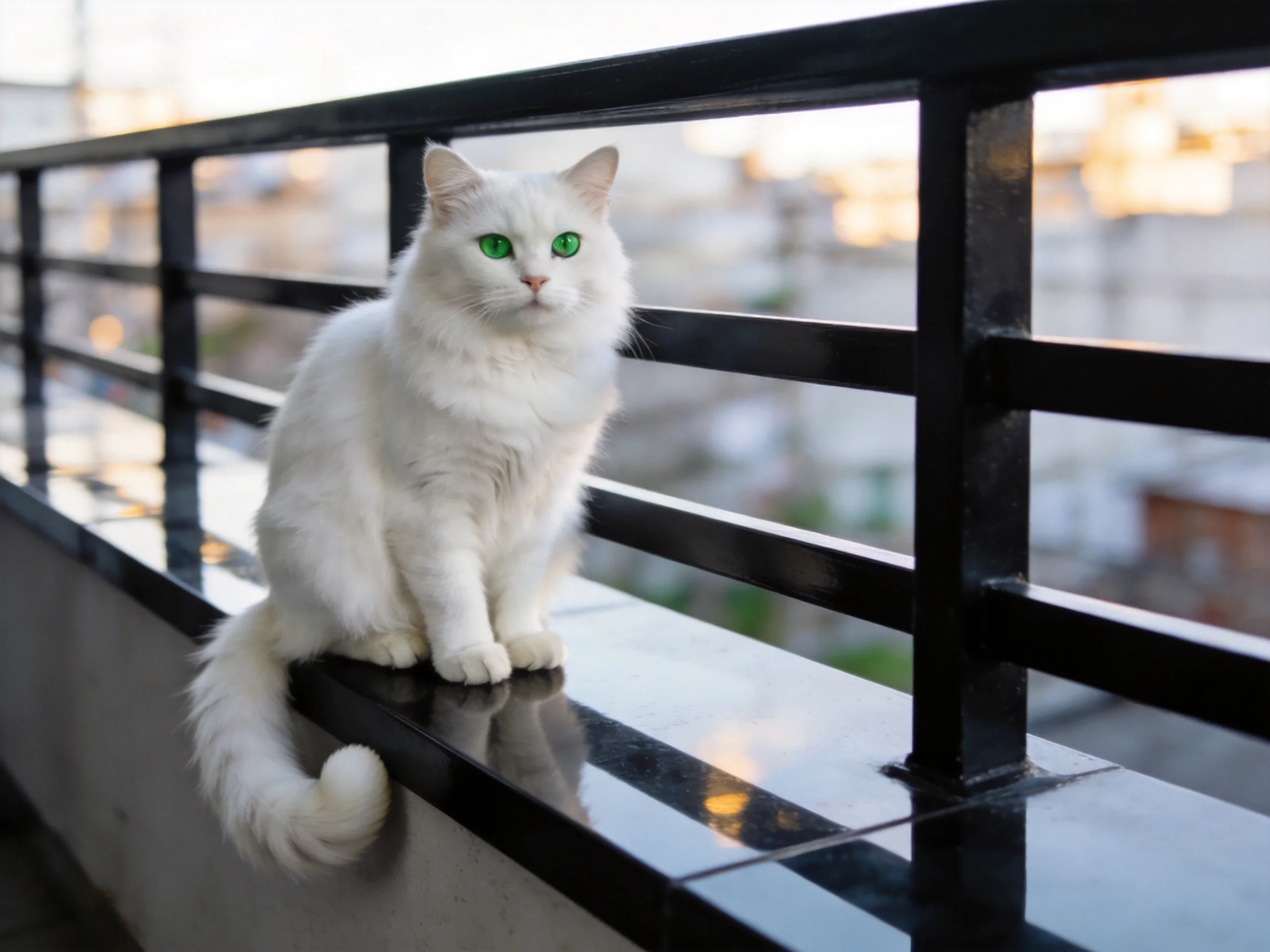 A white cat with green eyes sits on a balcony railing near city buildings.