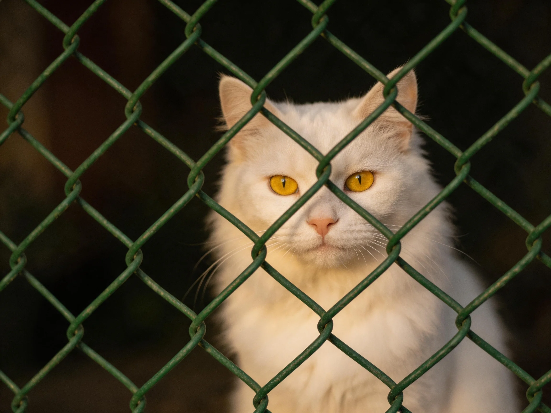 A white cat with yellow eyes sits positioned behind a green chain-link fence.