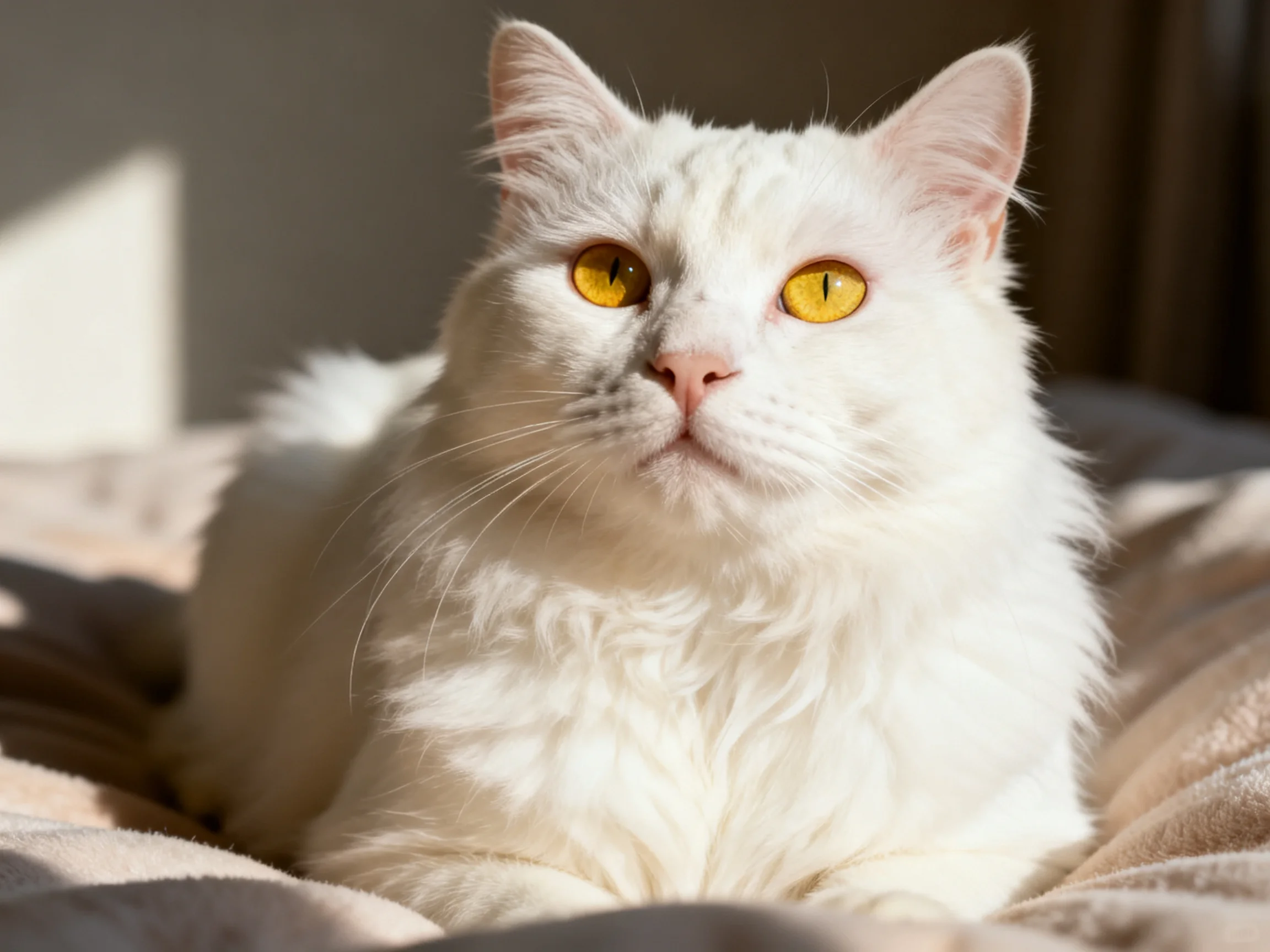 A white cat with yellow eyes rests calmly on a soft surface.