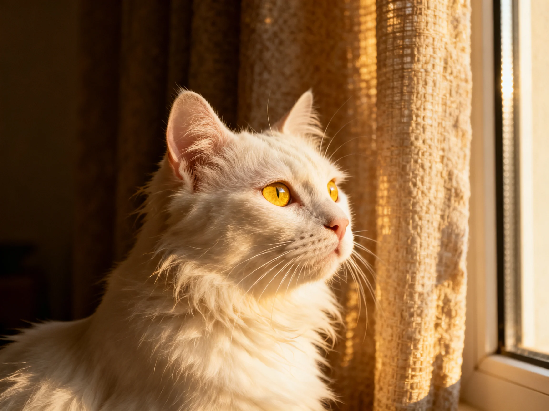 A fluffy white cat with bright yellow eyes sits near a sunlit window.