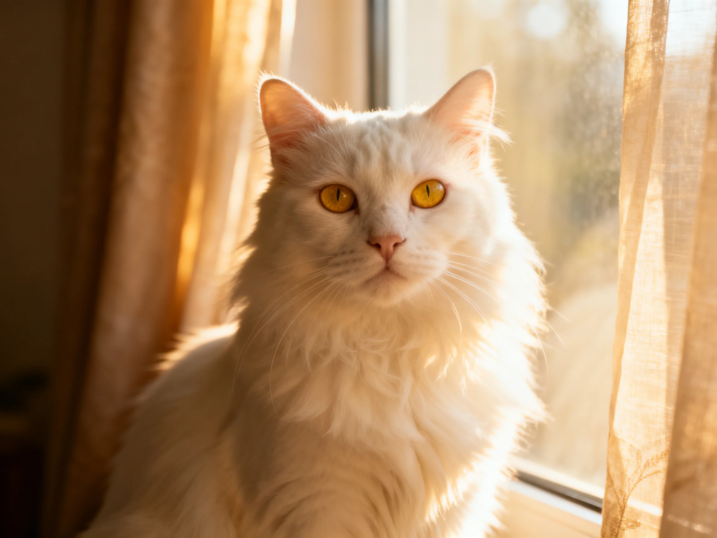 A fluffy white cat with golden eyes sits by sunlit curtains.