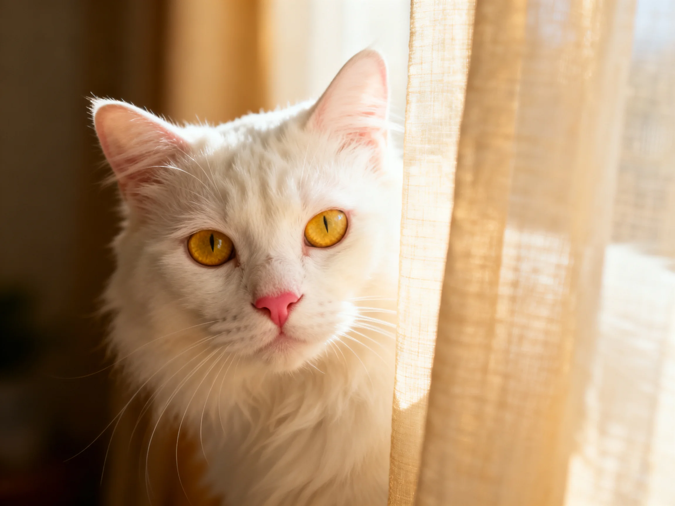 A white cat with golden eyes peeks near a curtain