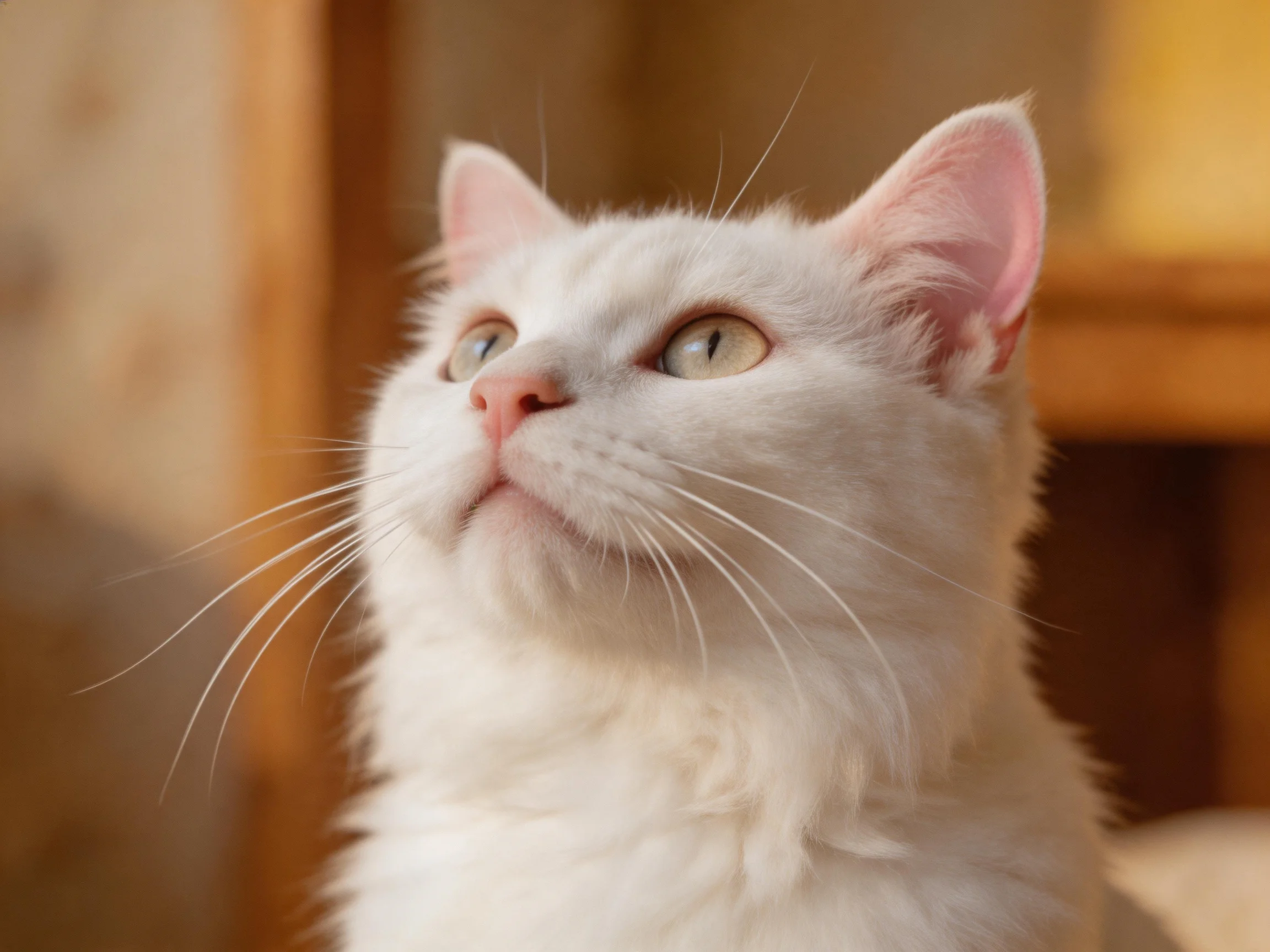 A white cat with green eyes gazes upward in a warm indoor setting.