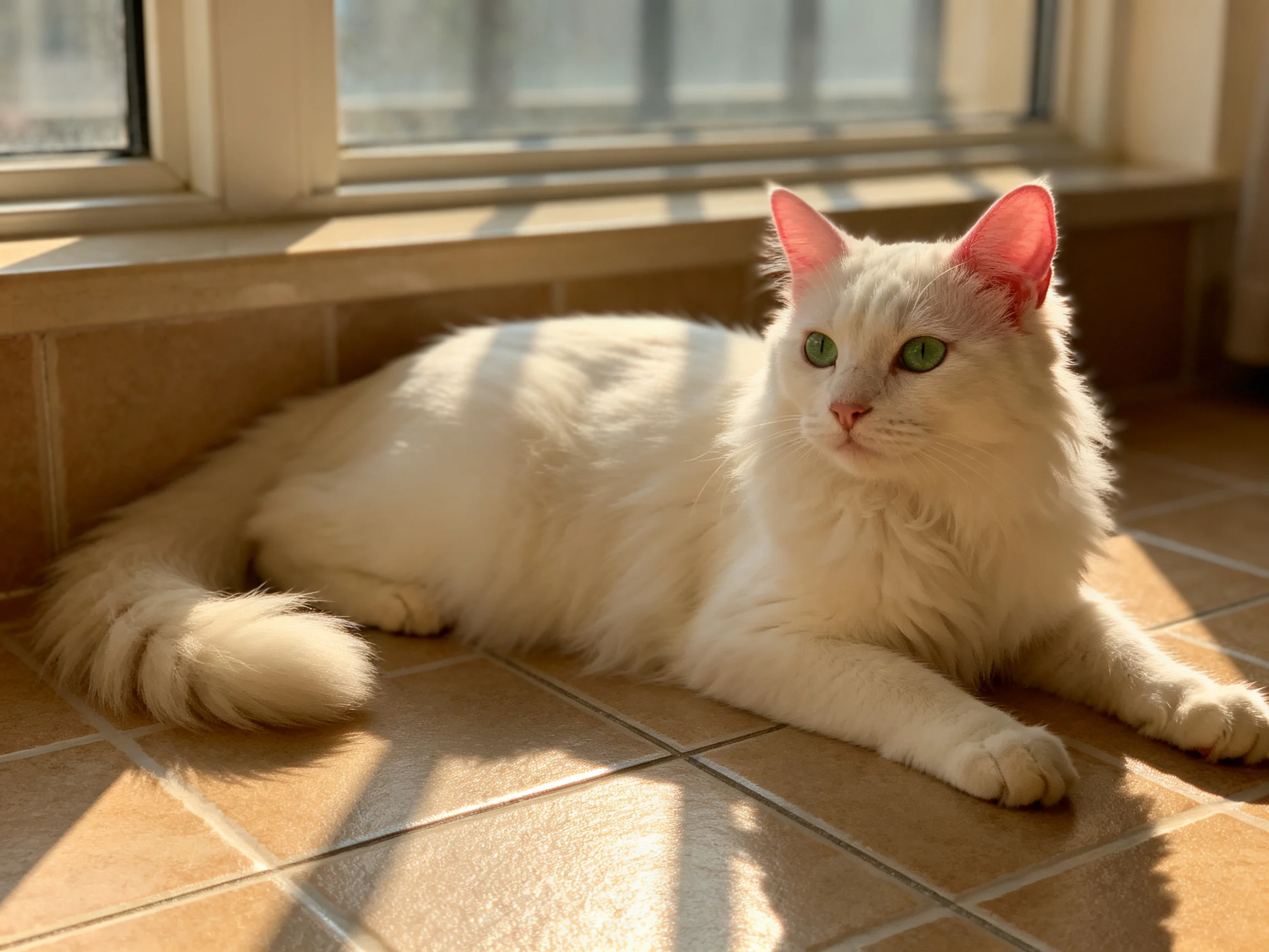 A white cat rests on tiles near a sunlit window.