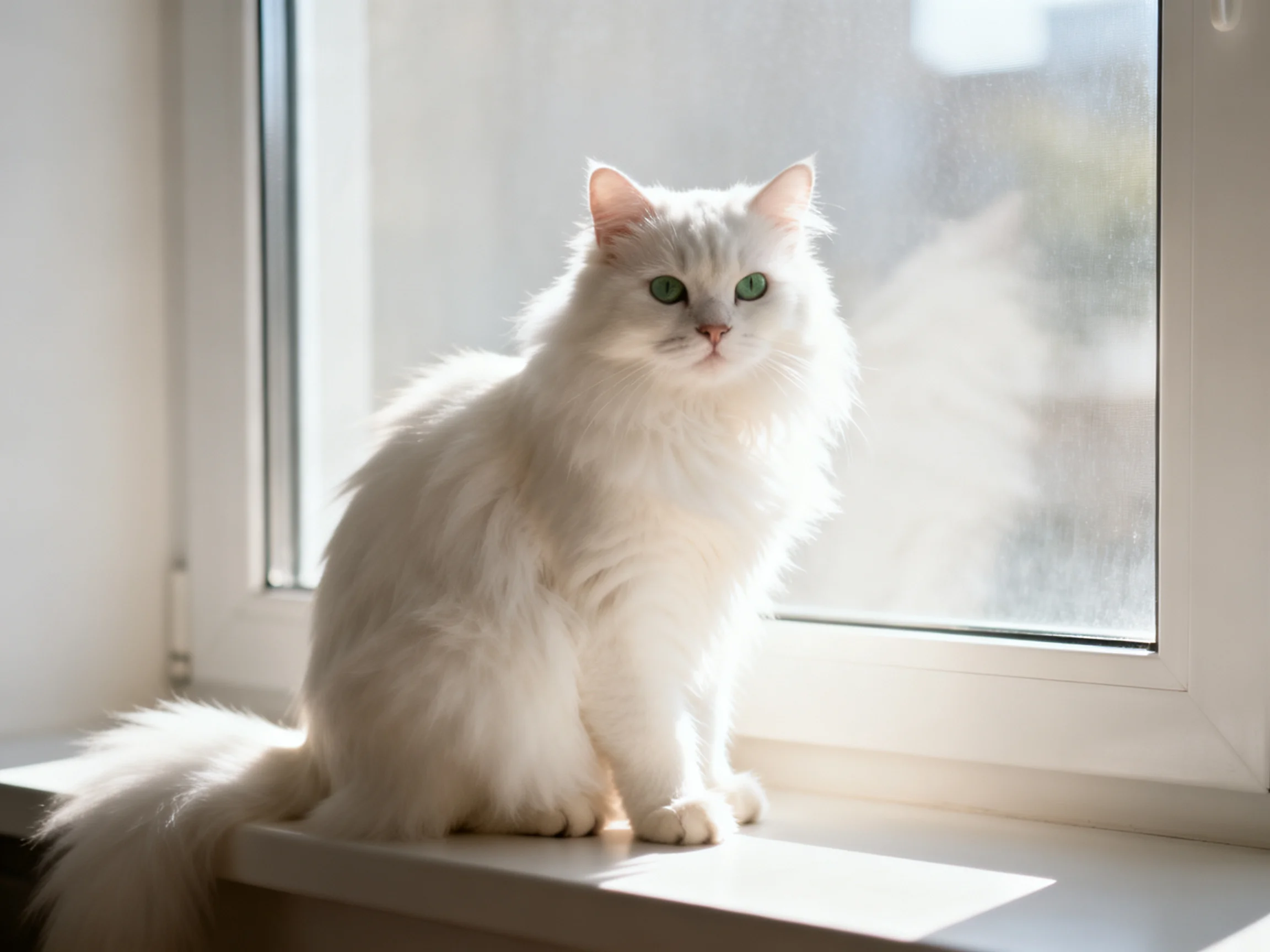 A white cat with green eyes sits on a sunlit windowsill