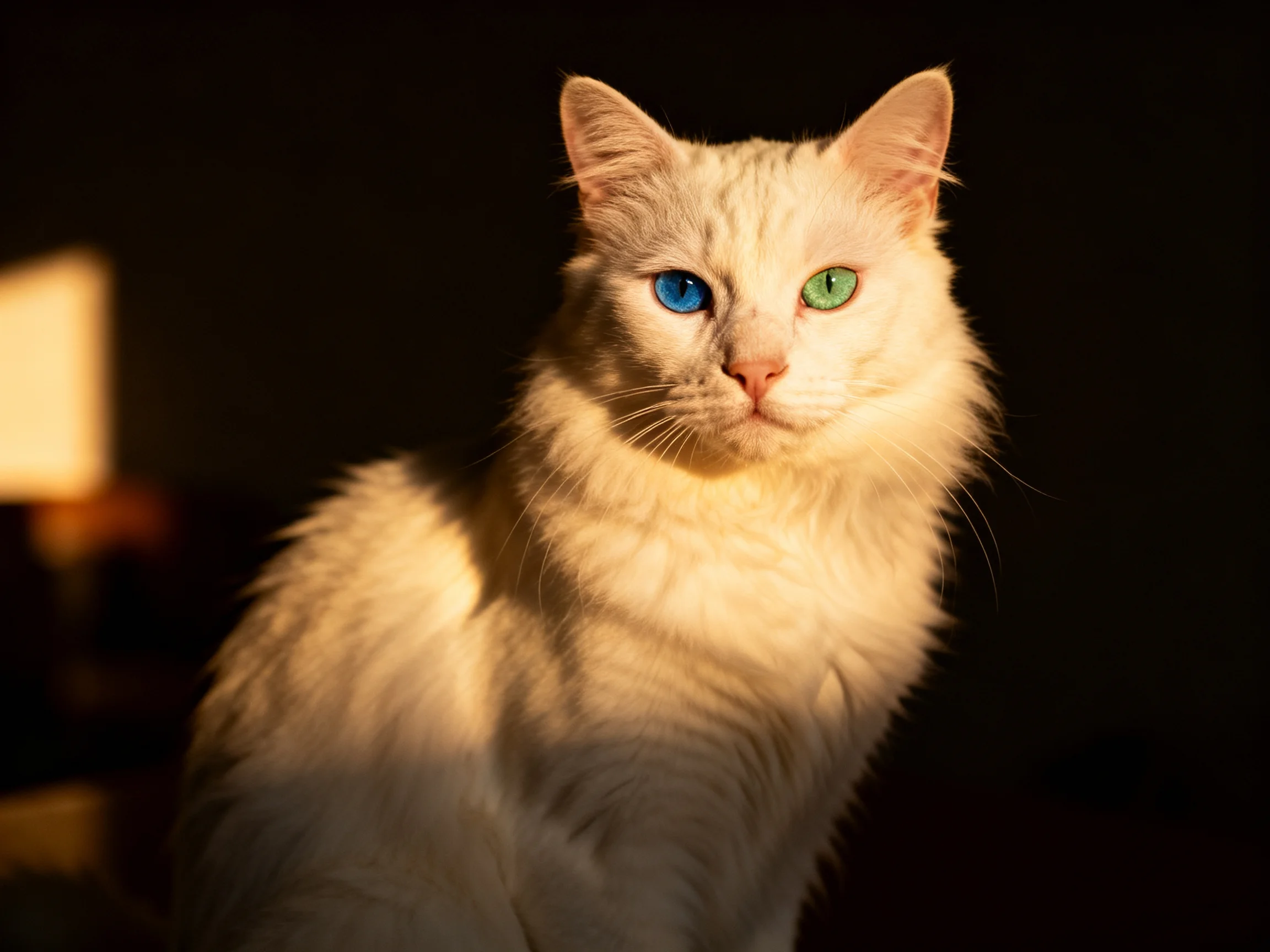 A fluffy white cat with heterochromatic eyes bathed in warm light