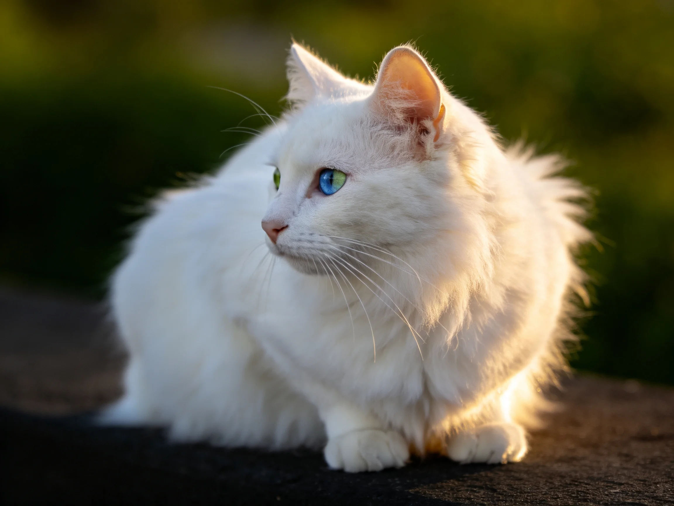 A fluffy white cat with heterochromatic eyes sits on an outdoor ledge.