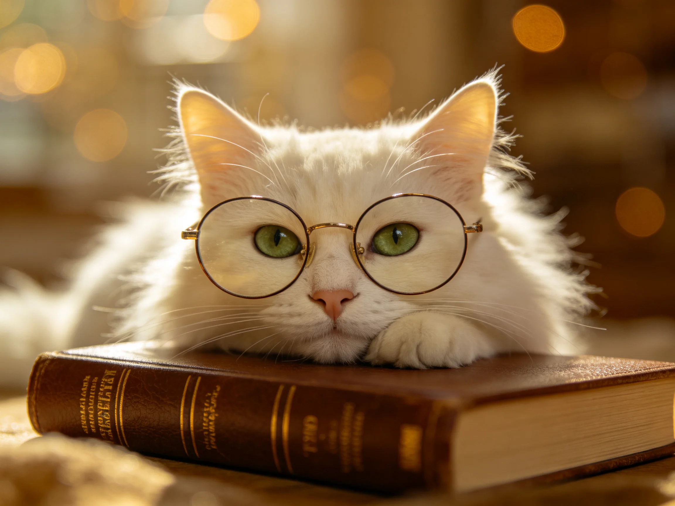 A fluffy white cat with round glasses rests on a brown leather-bound book