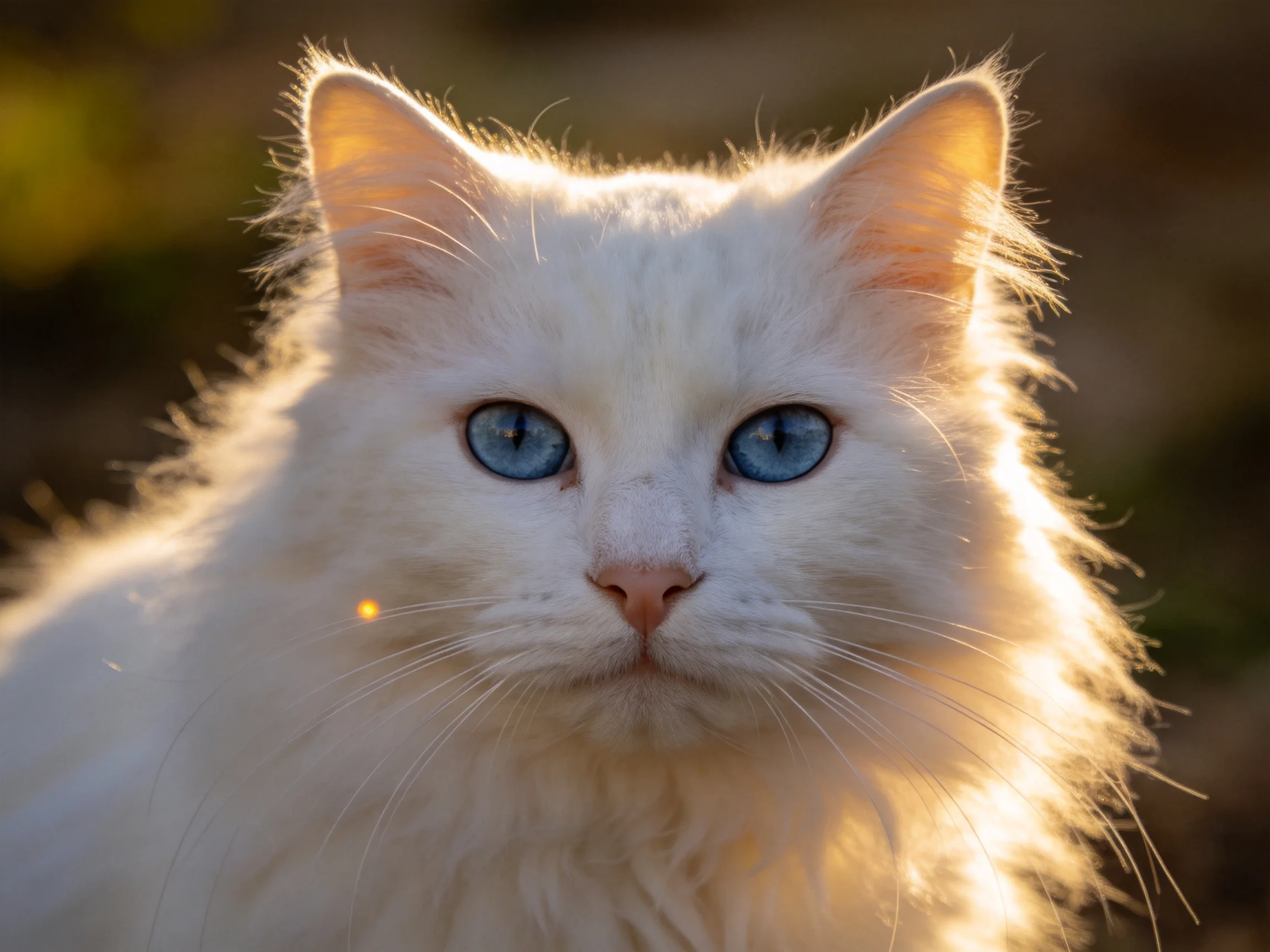 A close - up of a fluffy white cat with bright blue eyes under warm lighting.